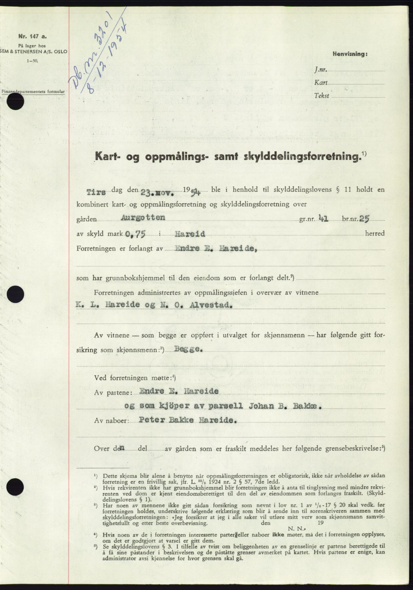 Søre Sunnmøre sorenskriveri, AV/SAT-A-4122/1/2/2C/L0099: Mortgage book no. 25A, 1954-1954, Diary no: : 3201/1954