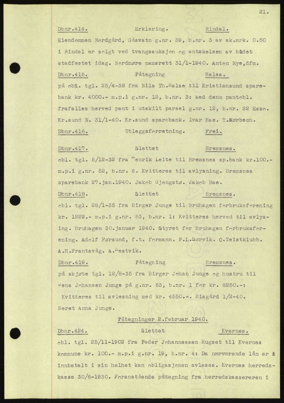 Nordmøre sorenskriveri, AV/SAT-A-4132/1/2/2Ca: Mortgage book no. C81, 1940-1945, Diary no: : 414/1940