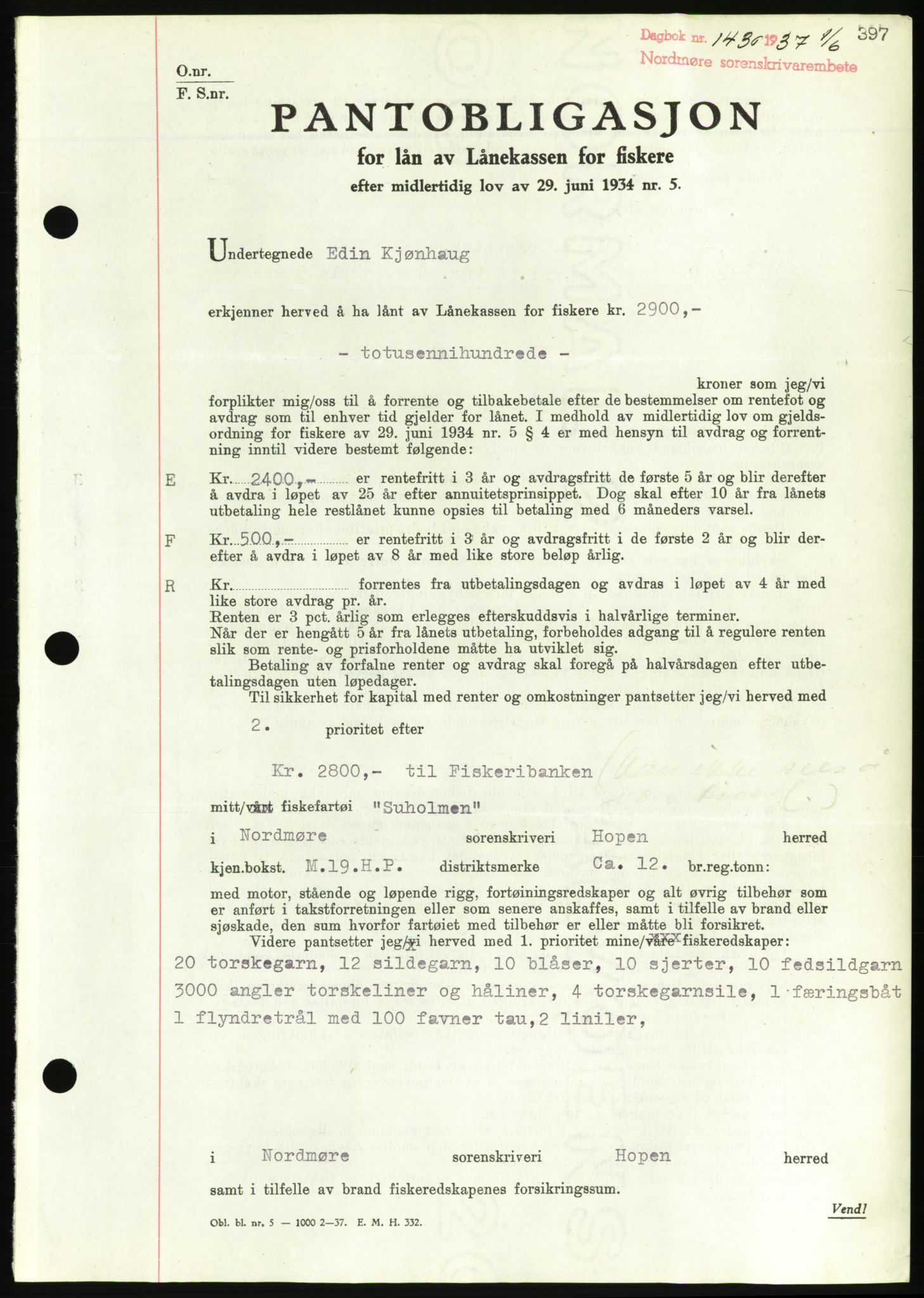 Nordmøre sorenskriveri, AV/SAT-A-4132/1/2/2Ca/L0091: Mortgage book no. B81, 1937-1937, Diary no: : 1430/1937