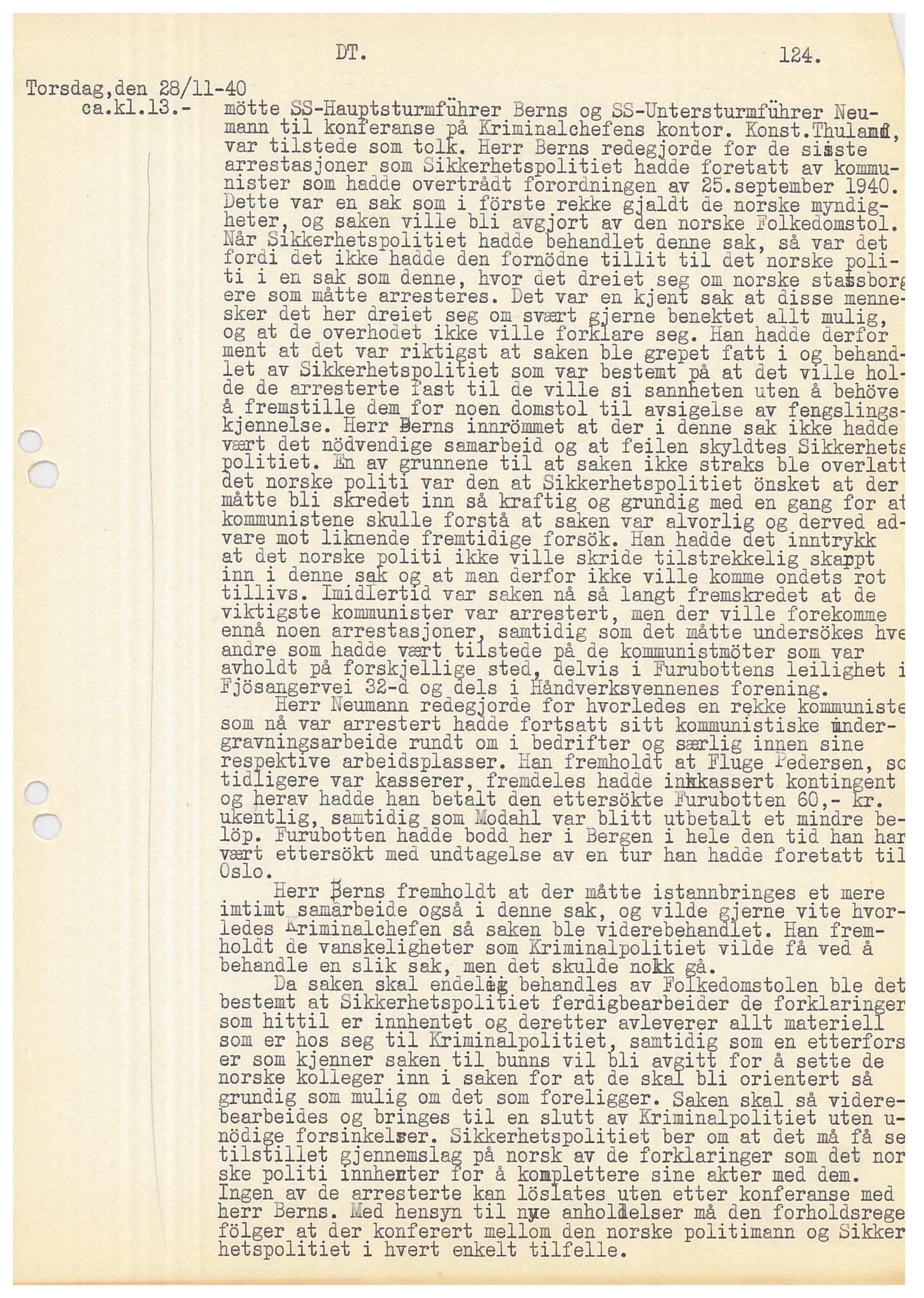 Bergen politikammer / politidistrikt, AV/SAB-A-60401/Y/Ye/L0001: Avskrift av krigsdagbok av Dankert Thuland, 1940-1941, p. 124