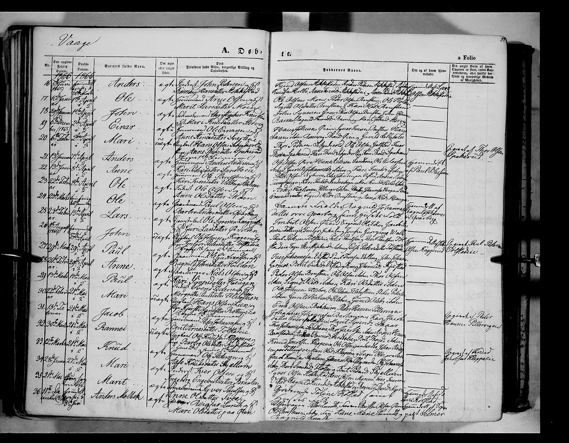 Vågå prestekontor, AV/SAH-PREST-076/H/Ha/Haa/L0006: Parish register (official) no. 6 /1, 1856-1872, p. 57