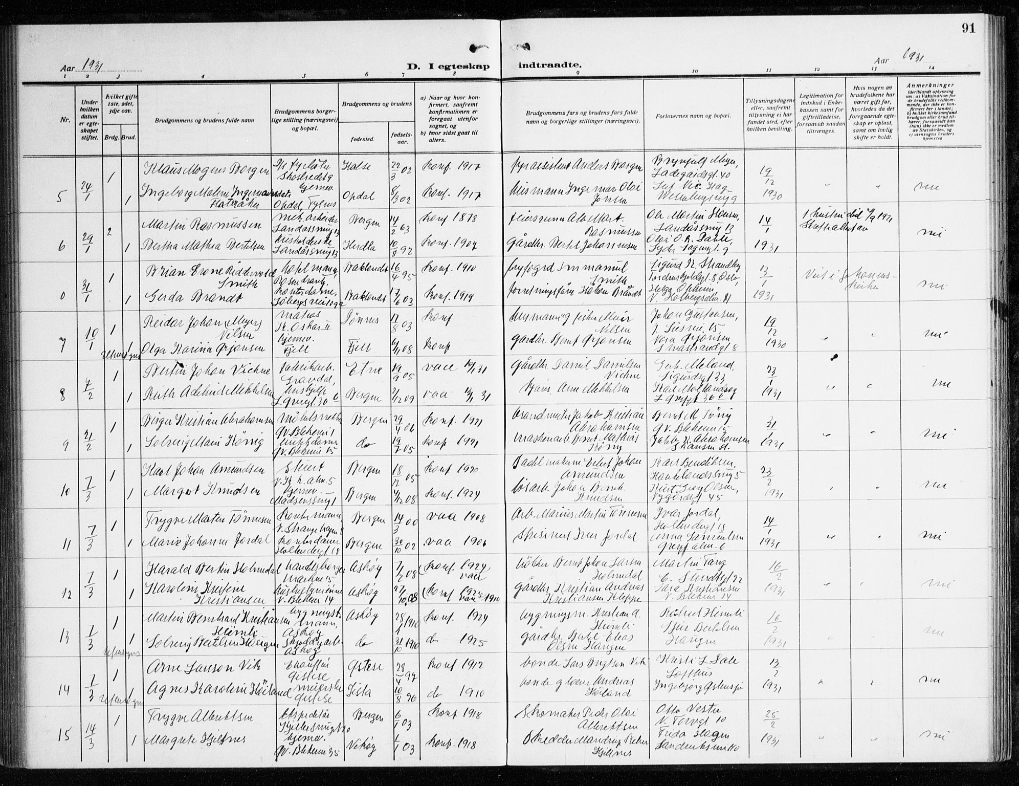 Korskirken sokneprestembete, AV/SAB-A-76101/H/Haa/L0039: Parish register (official) no. D 6, 1919-1938, p. 91