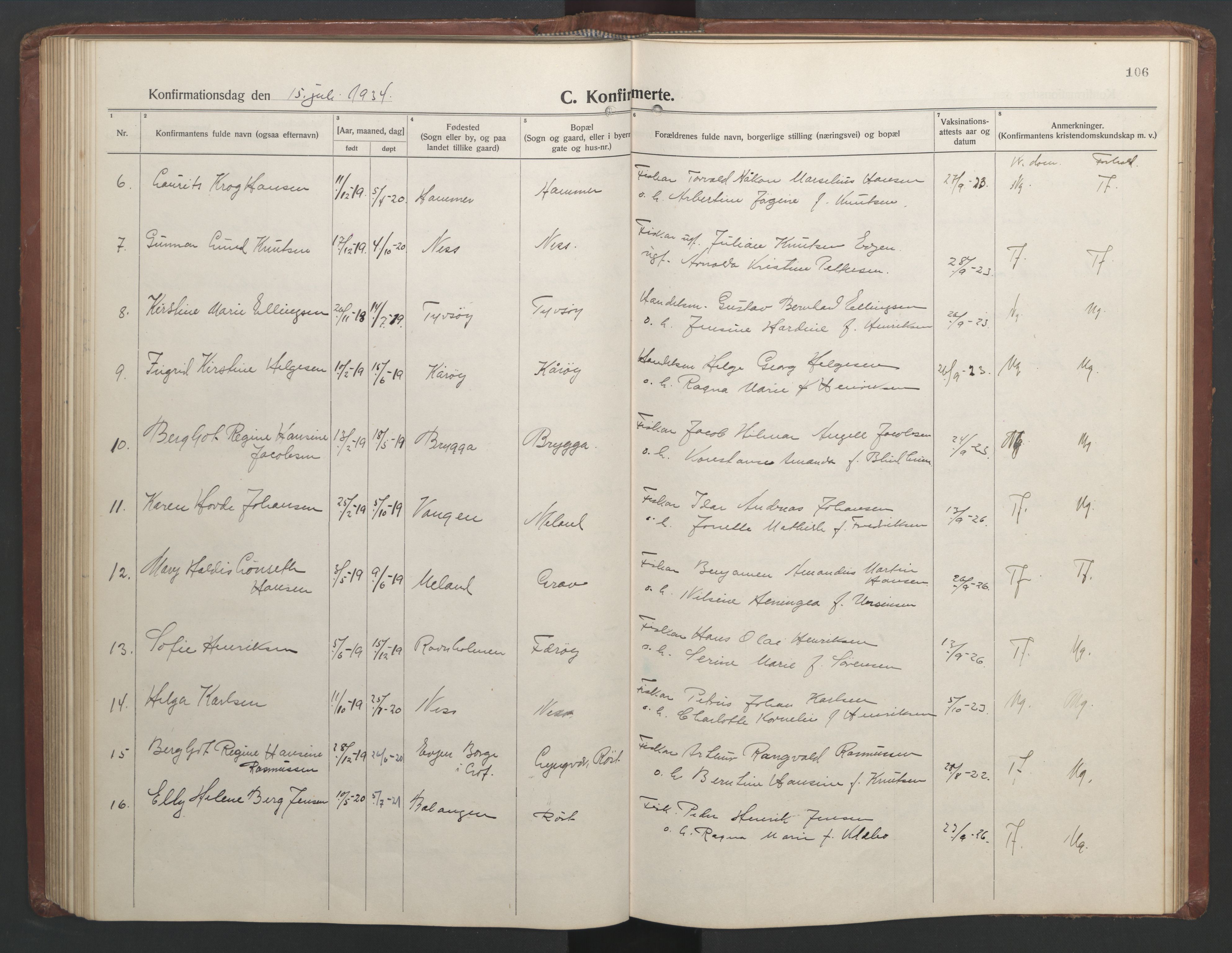 Ministerialprotokoller, klokkerbøker og fødselsregistre - Nordland, AV/SAT-A-1459/808/L0132: Parish register (copy) no. 808C03, 1920-1946, p. 106