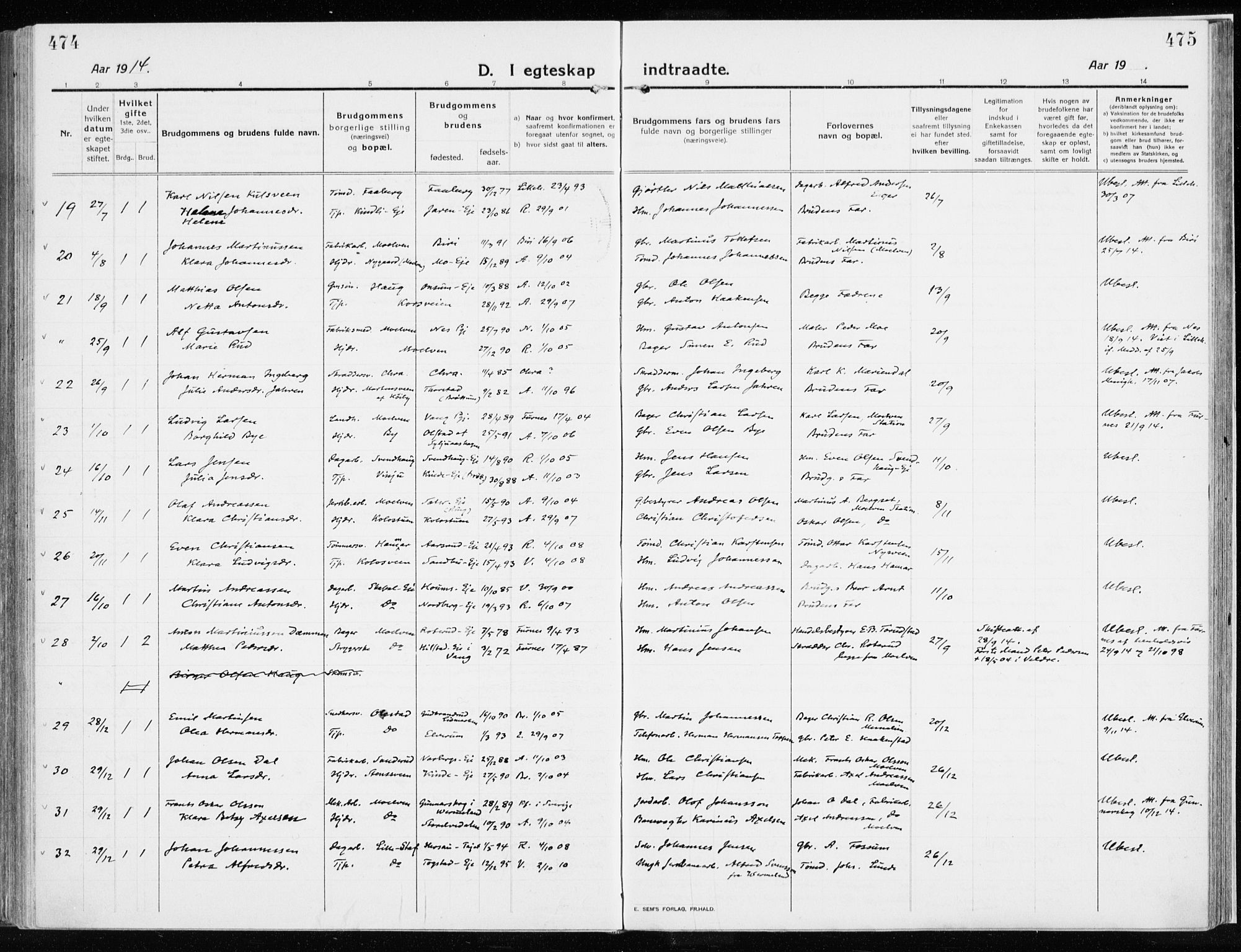 Ringsaker prestekontor, AV/SAH-PREST-014/K/Ka/L0020: Parish register (official) no. 20, 1913-1922, p. 474-475