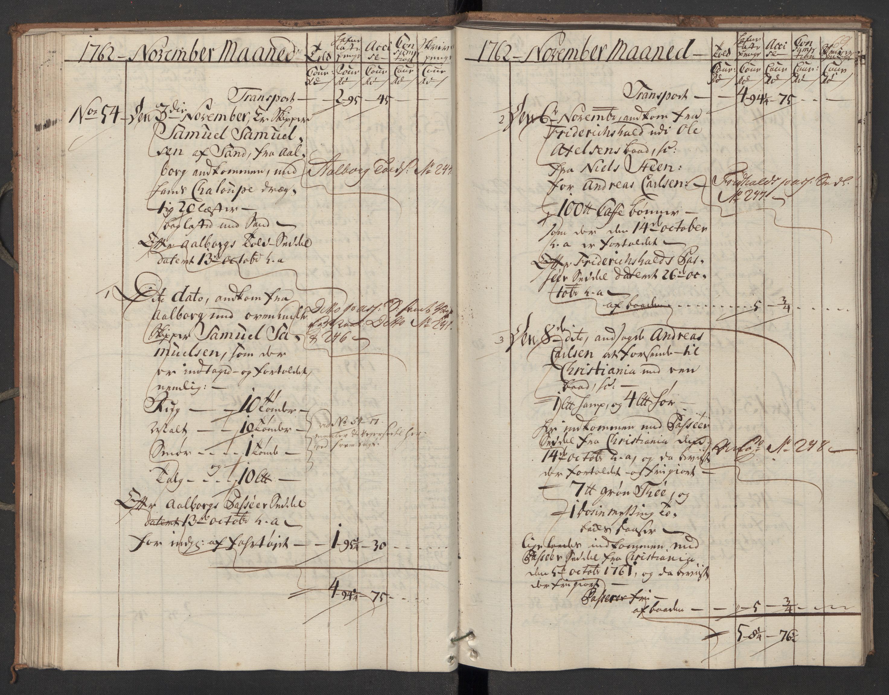 Generaltollkammeret, tollregnskaper, RA/EA-5490/R07/L0022/0001: Tollregnskaper Sand / Inngående hovedtollbok, 1762, p. 68b-69a