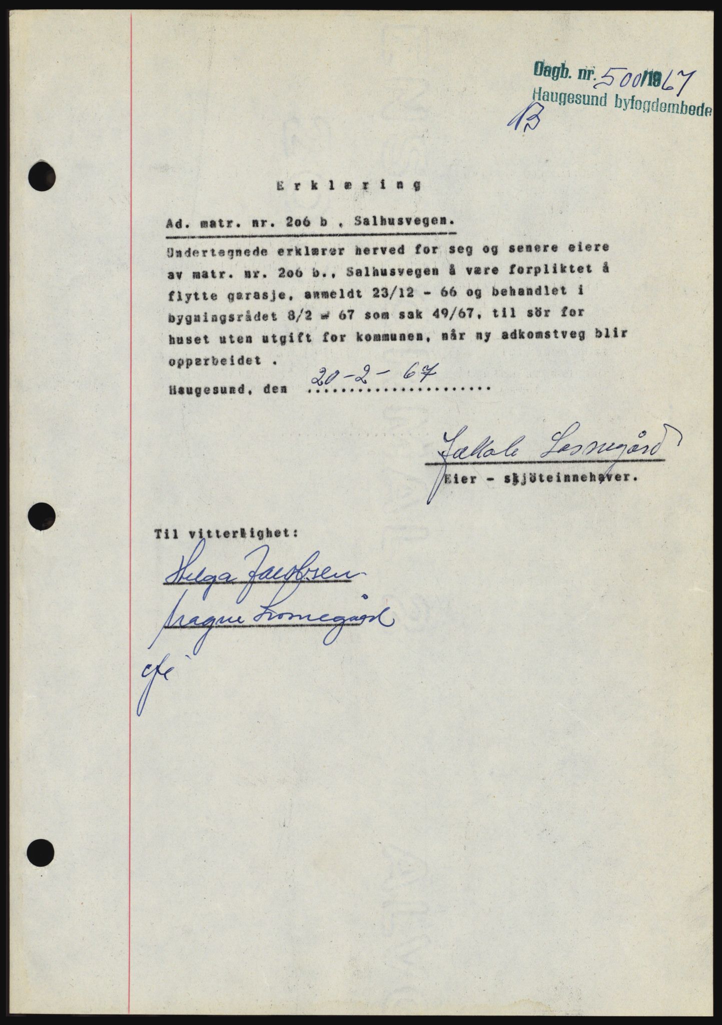 Haugesund tingrett, SAST/A-101415/01/II/IIC/L0056: Mortgage book no. B 56, 1966-1967, Diary no: : 500/1967