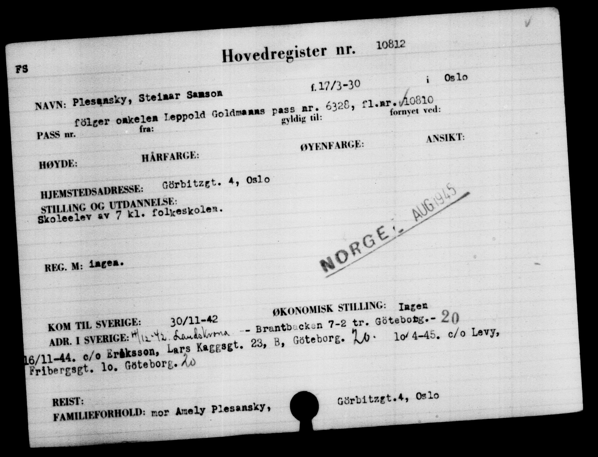 Utenriksstasjonene, Legasjonen i Stockholm, Flyktningkontoret, AV/RA-S-6753/V/Va/L0006: Kjesäterkartoteket, flyktninger med registreringsnr. 9400-12711, 1940-1945, p. 1621