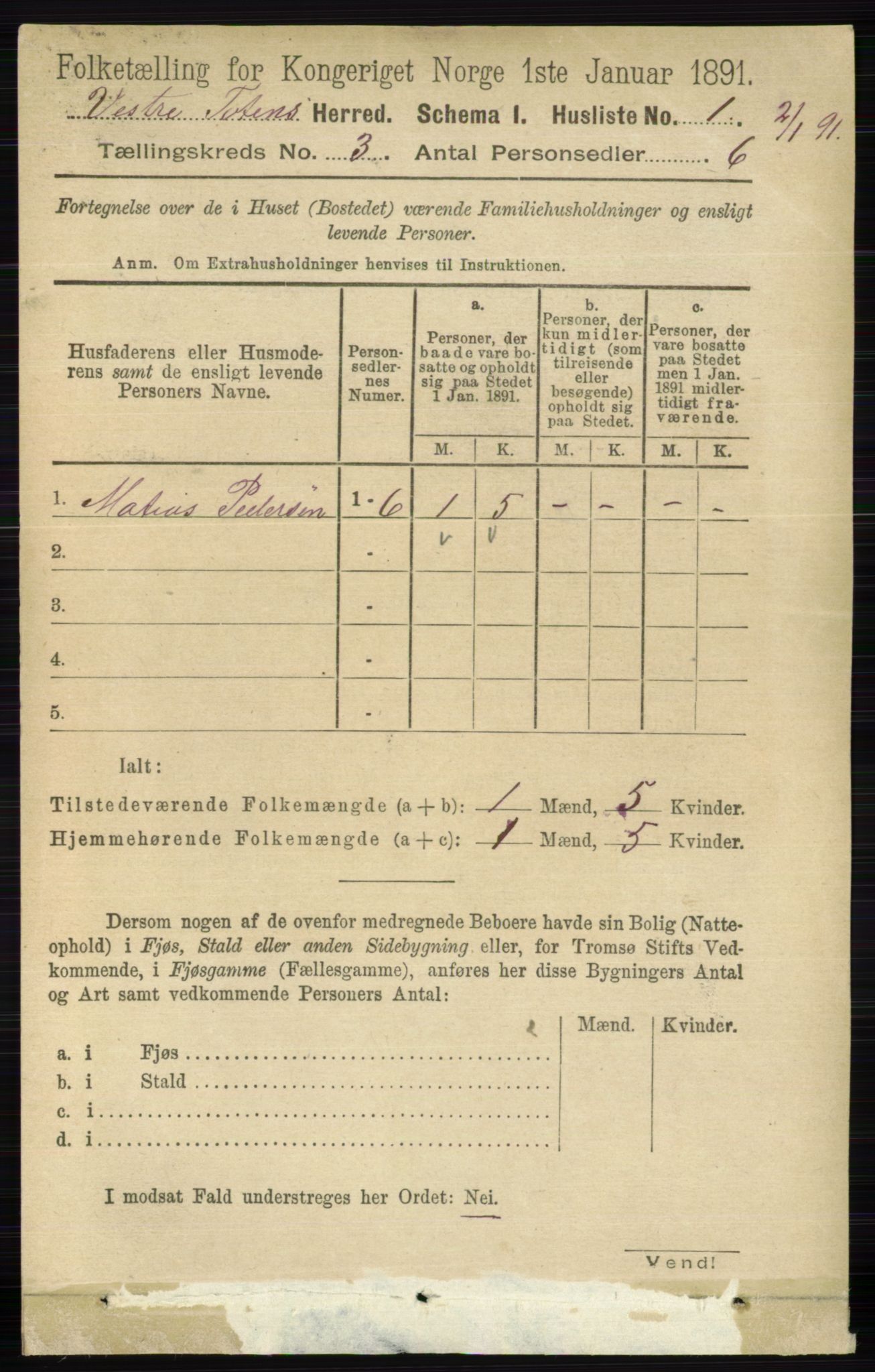 RA, 1891 census for 0529 Vestre Toten, 1891, p. 1865