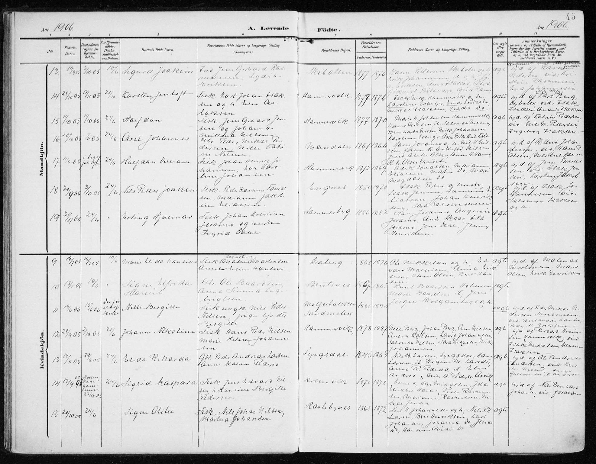 Lyngen sokneprestembete, AV/SATØ-S-1289/H/He/Hea/L0011kirke: Parish register (official) no. 11, 1903-1913, p. 45