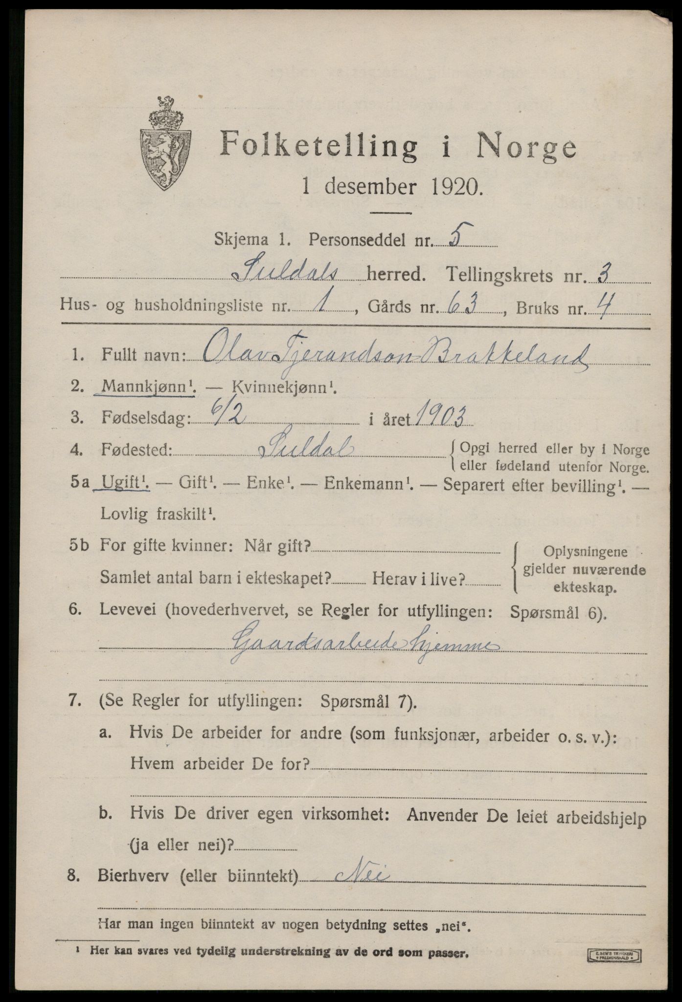 SAST, 1920 census for Suldal, 1920, p. 916