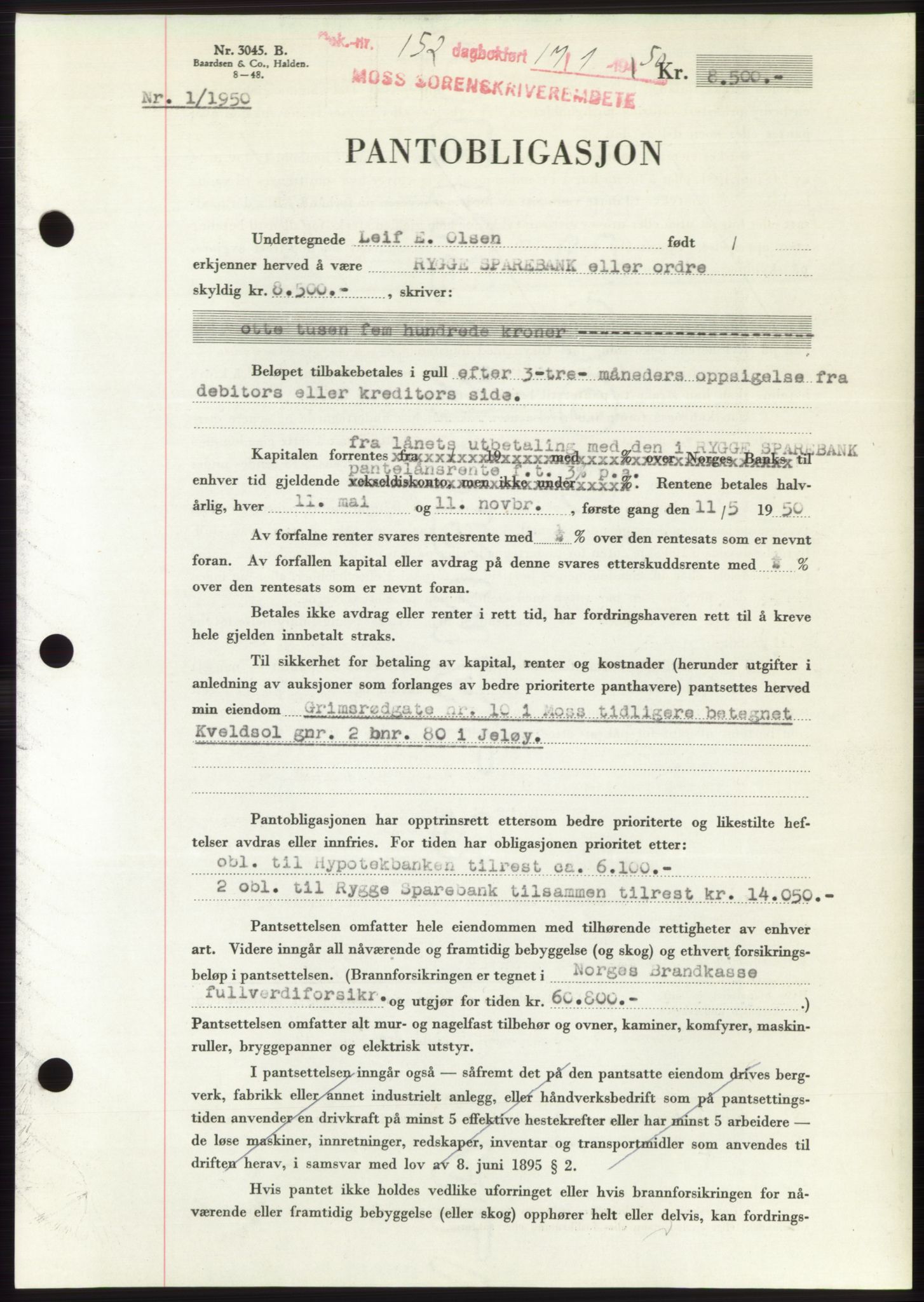 Moss sorenskriveri, SAO/A-10168: Mortgage book no. B23, 1949-1950, Diary no: : 152/1950