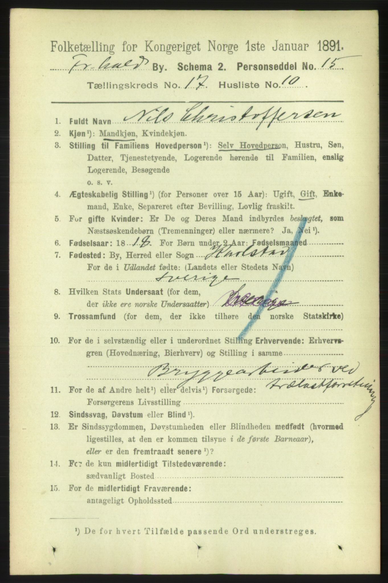 RA, 1891 census for 0101 Fredrikshald, 1891, p. 11010