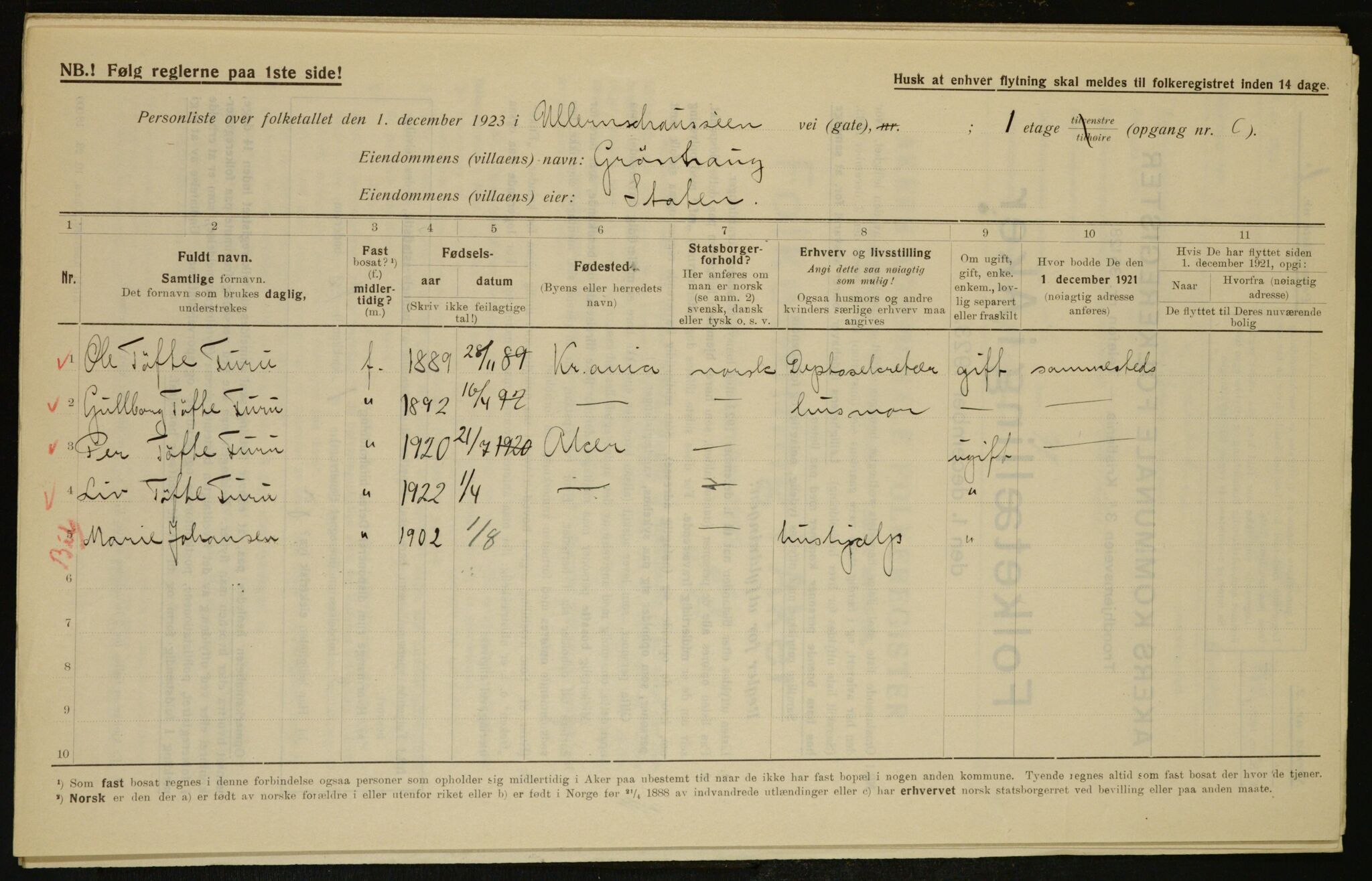 , Municipal Census 1923 for Aker, 1923, p. 6598