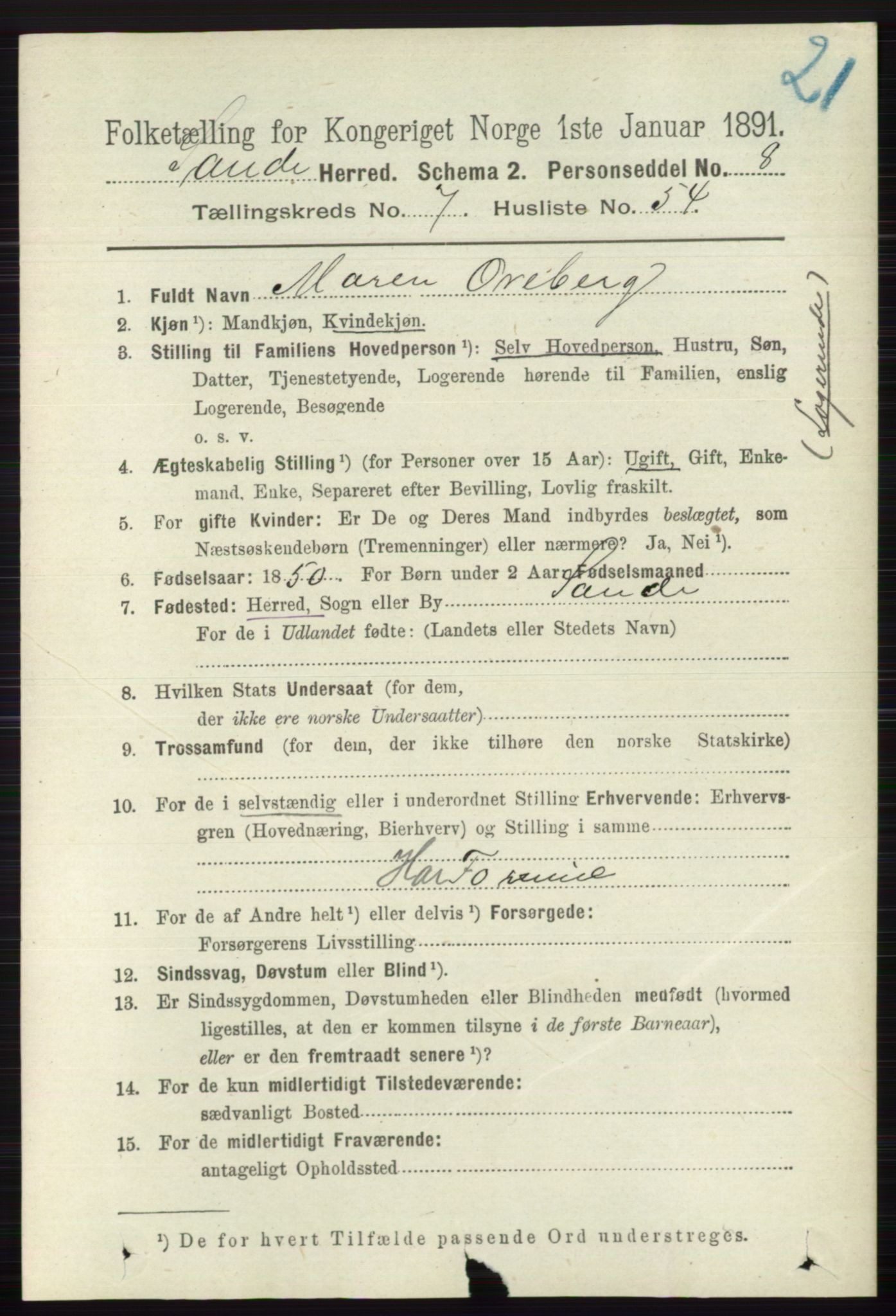 RA, 1891 census for 0713 Sande, 1891, p. 3461