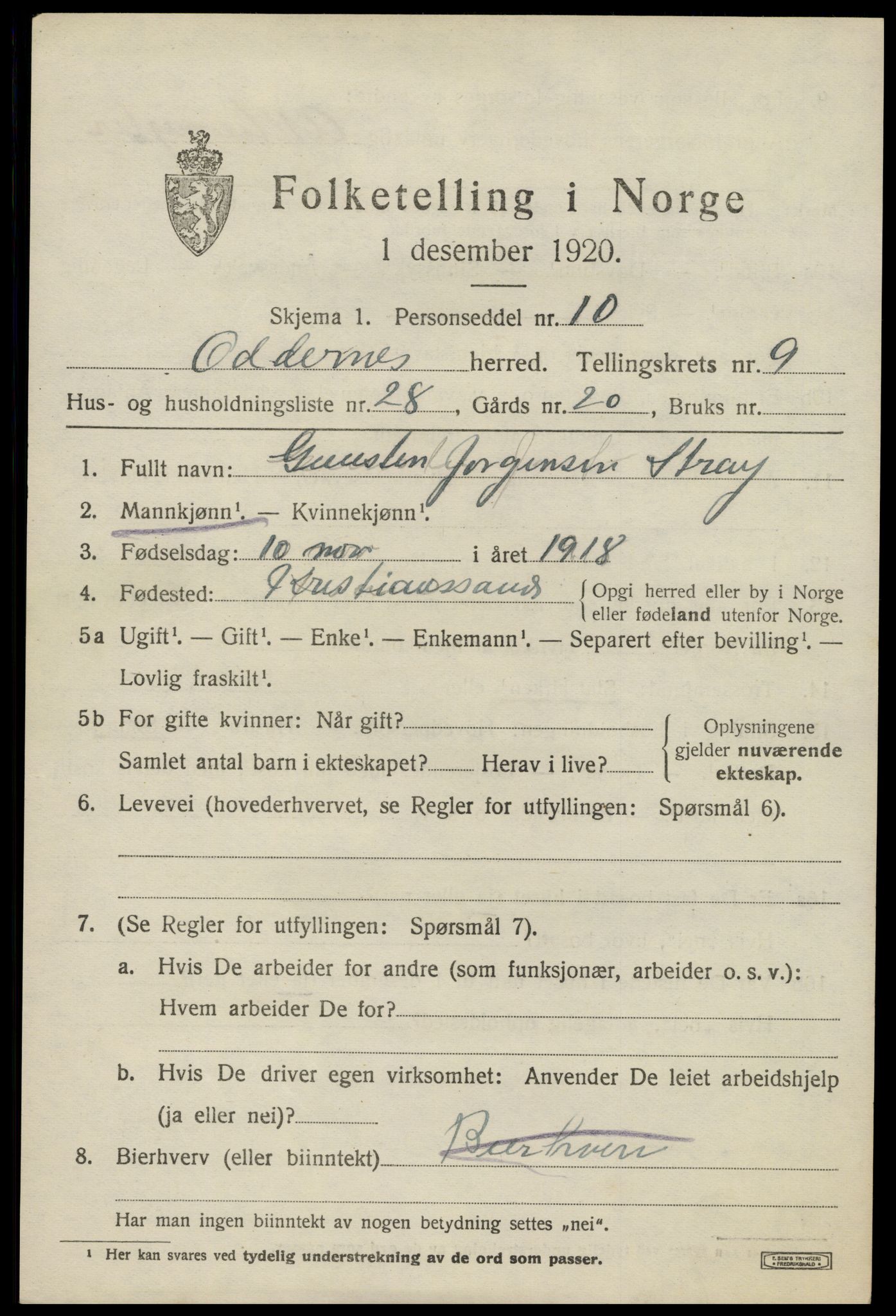 SAK, 1920 census for Oddernes, 1920, p. 6365