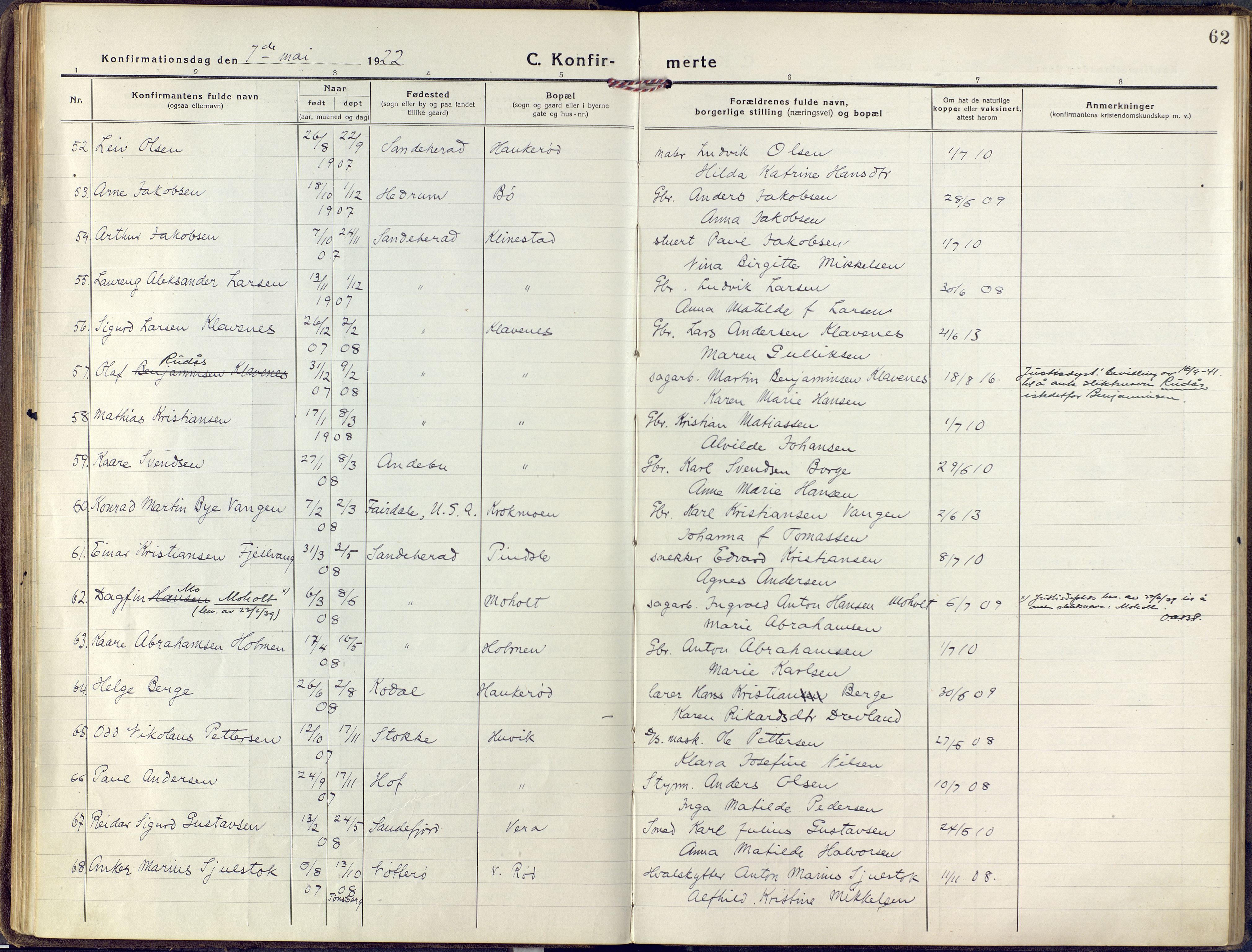 Sandar kirkebøker, AV/SAKO-A-243/F/Fa/L0018: Parish register (official) no. 18, 1917-1926, p. 62