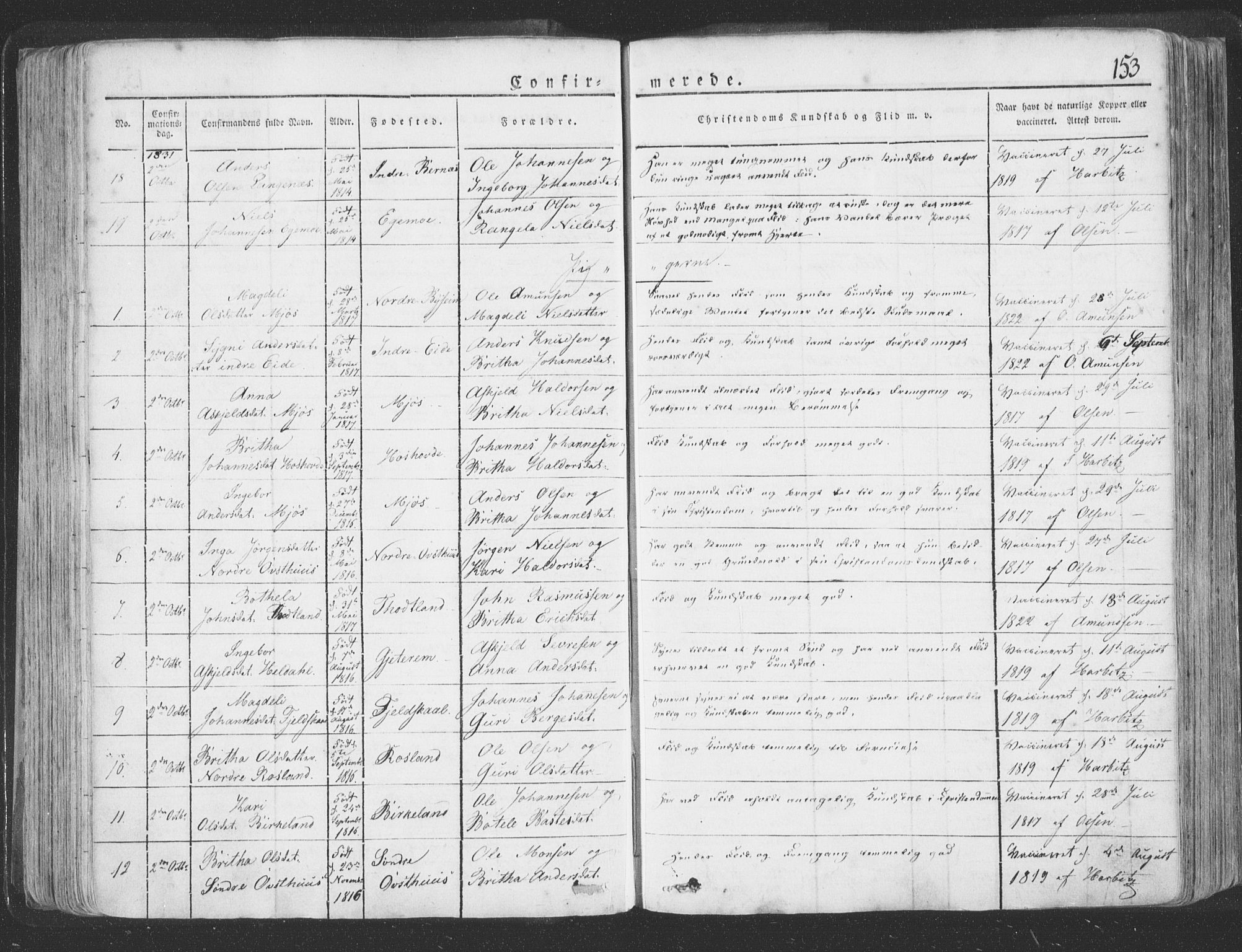 Hosanger sokneprestembete, AV/SAB-A-75801/H/Haa: Parish register (official) no. A 6, 1824-1835, p. 153