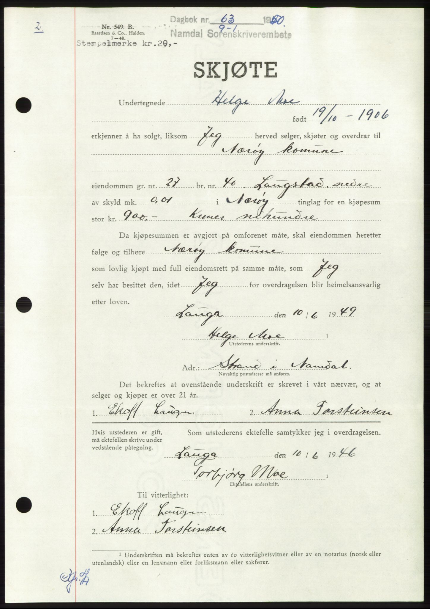 Namdal sorenskriveri, AV/SAT-A-4133/1/2/2C: Mortgage book no. -, 1950-1950, Diary no: : 63/1950