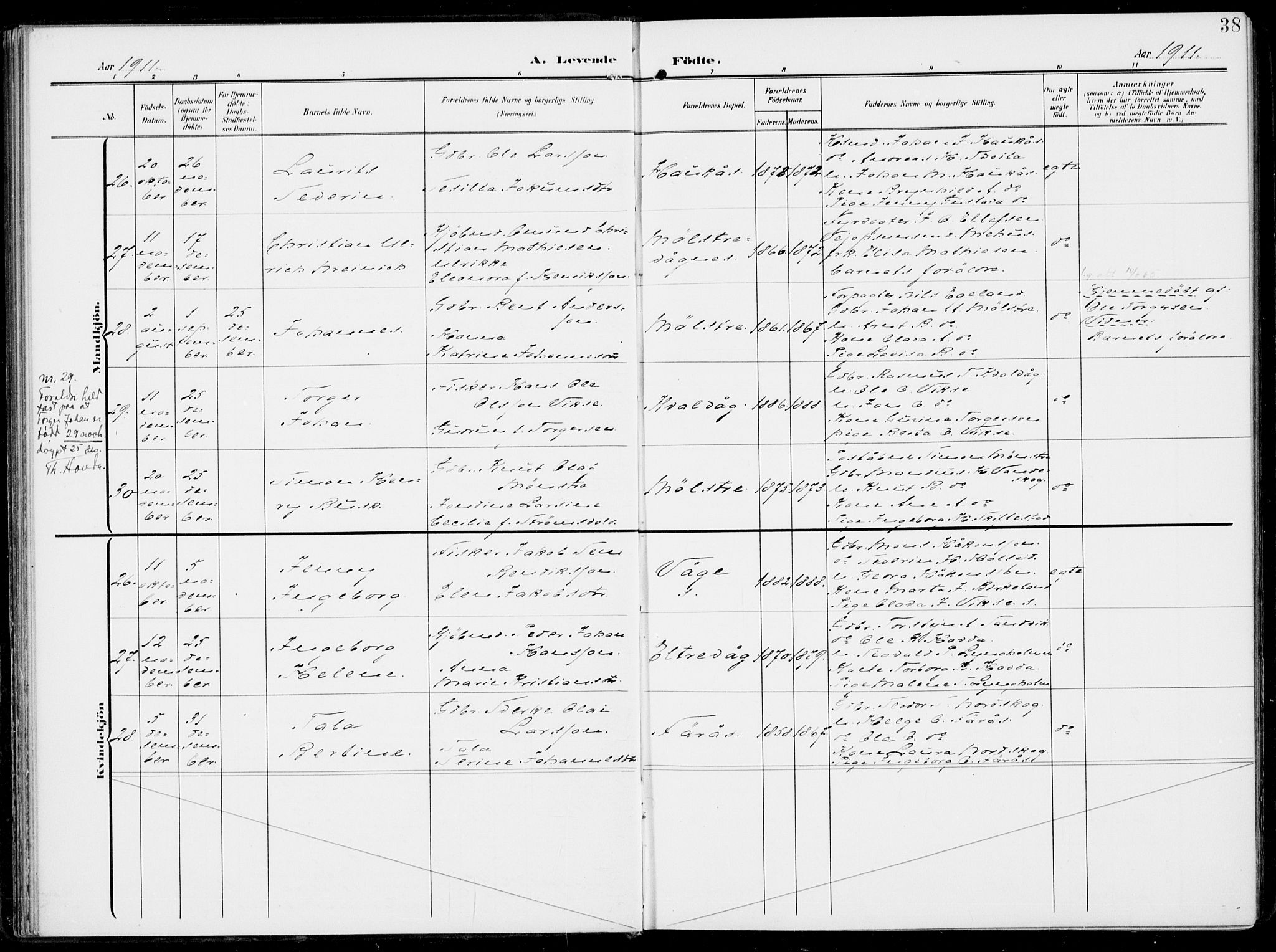 Sveio Sokneprestembete, SAB/A-78501/H/Haa: Parish register (official) no. B  4, 1906-1919, p. 38