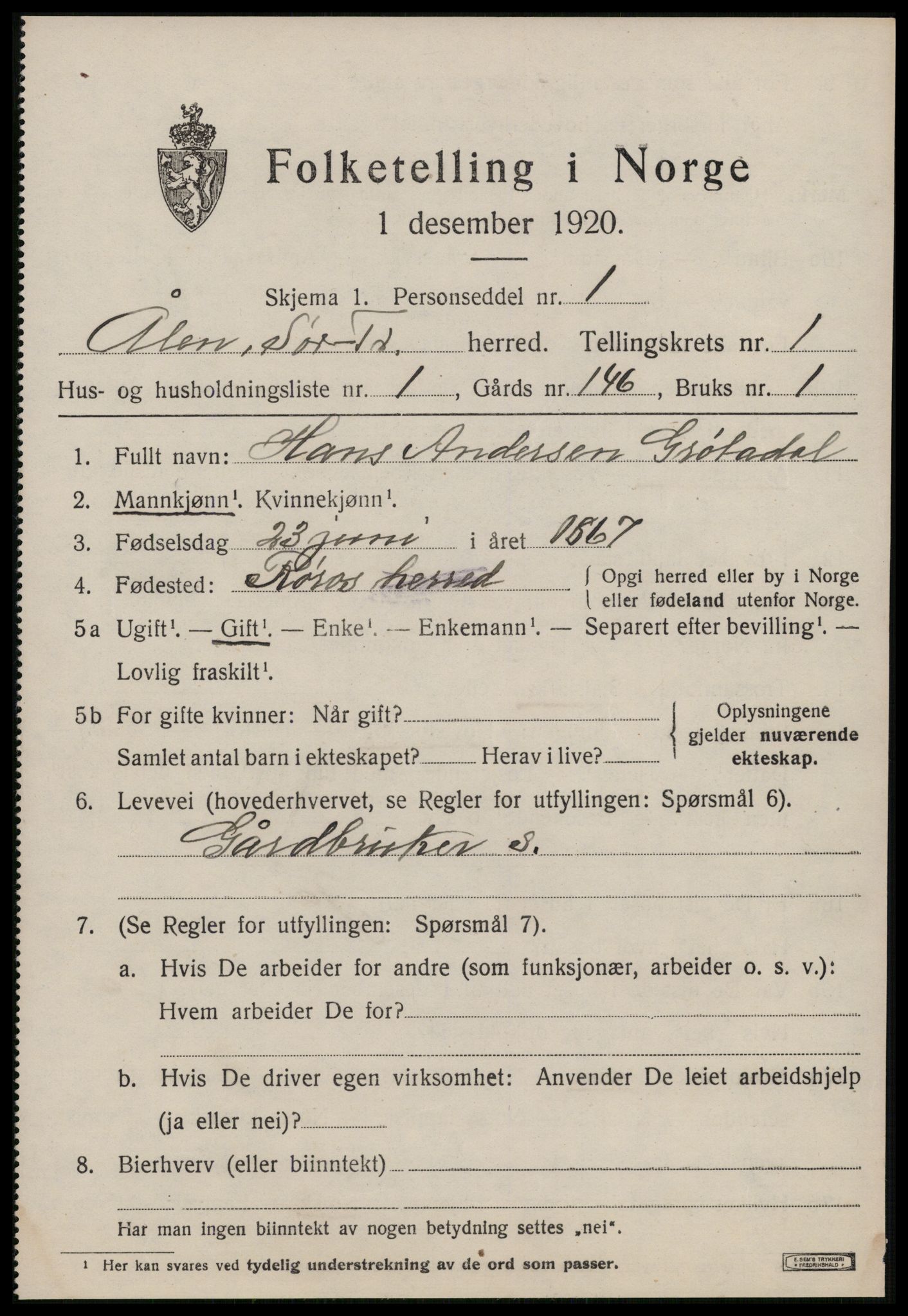 SAT, 1920 census for Ålen, 1920, p. 840