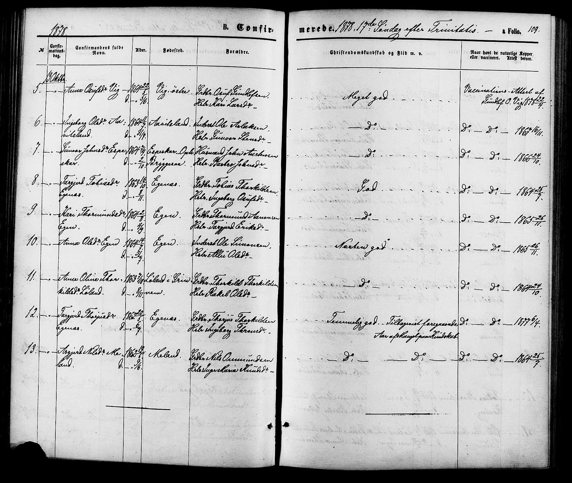 Hægebostad sokneprestkontor, SAK/1111-0024/F/Fa/Fab/L0003: Parish register (official) no. A 3, 1872-1886, p. 109