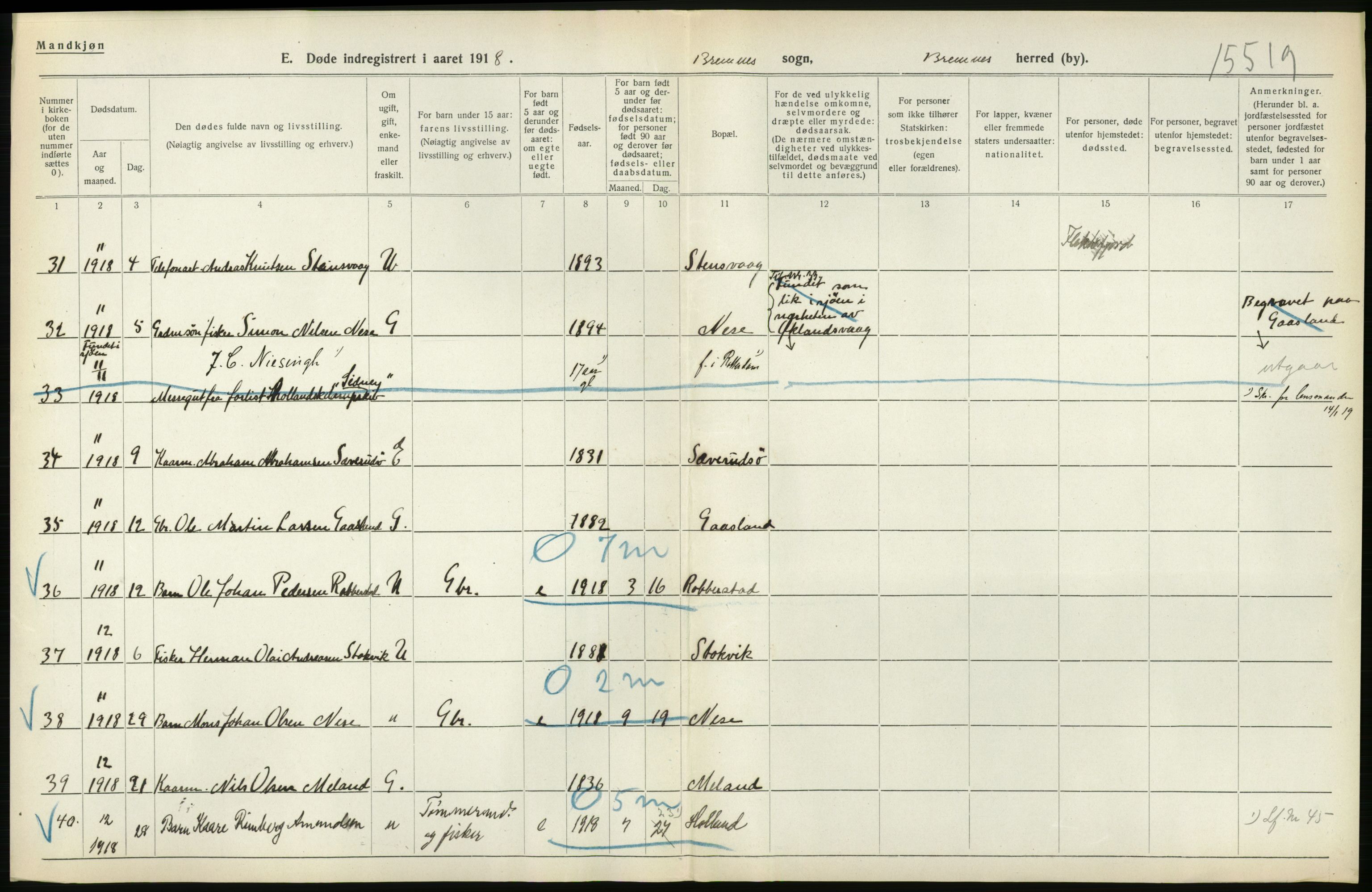 Statistisk sentralbyrå, Sosiodemografiske emner, Befolkning, RA/S-2228/D/Df/Dfb/Dfbh/L0036: Hordaland fylke: Døde., 1918, p. 72