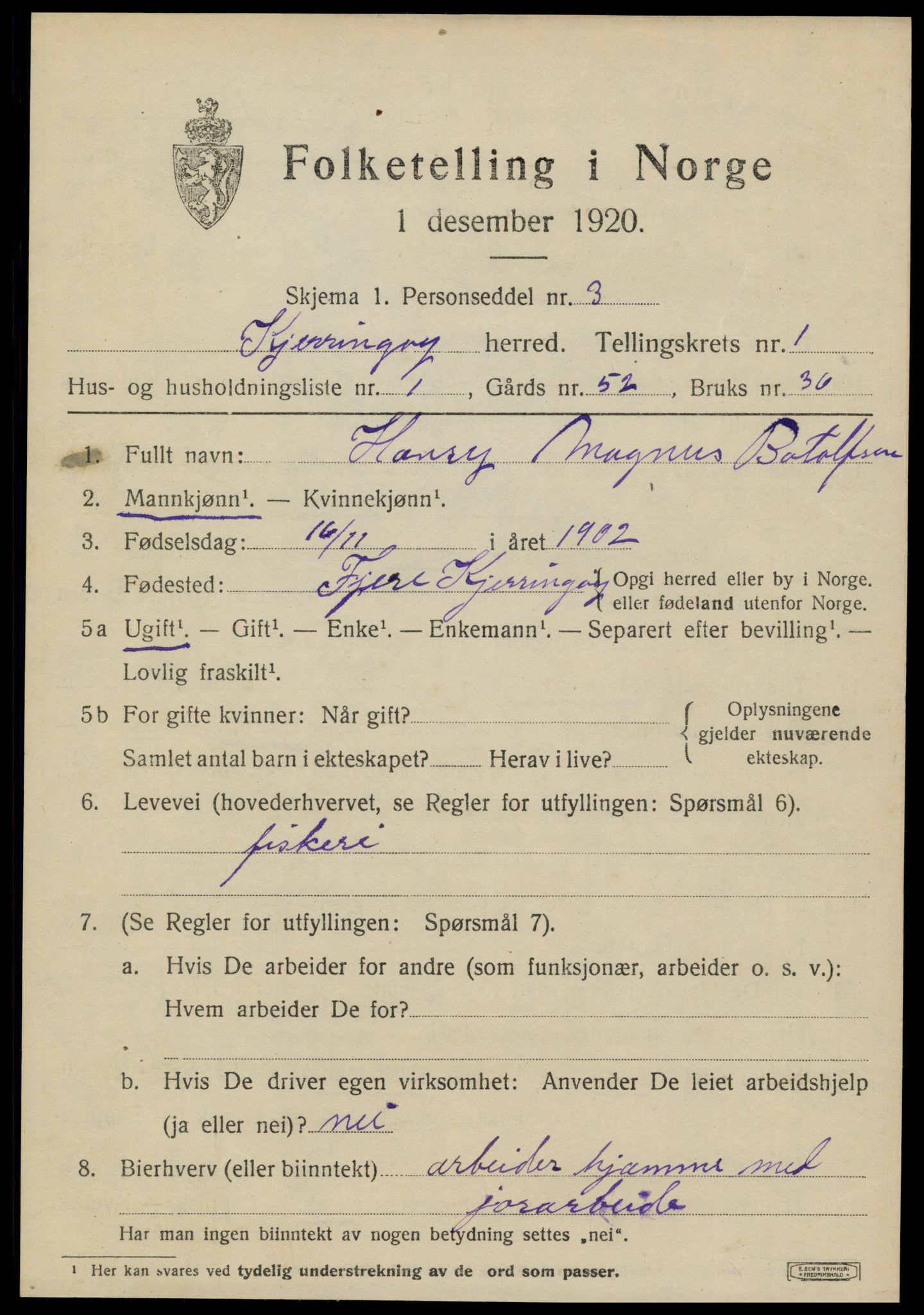 SAT, 1920 census for Kjerringøy, 1920, p. 327