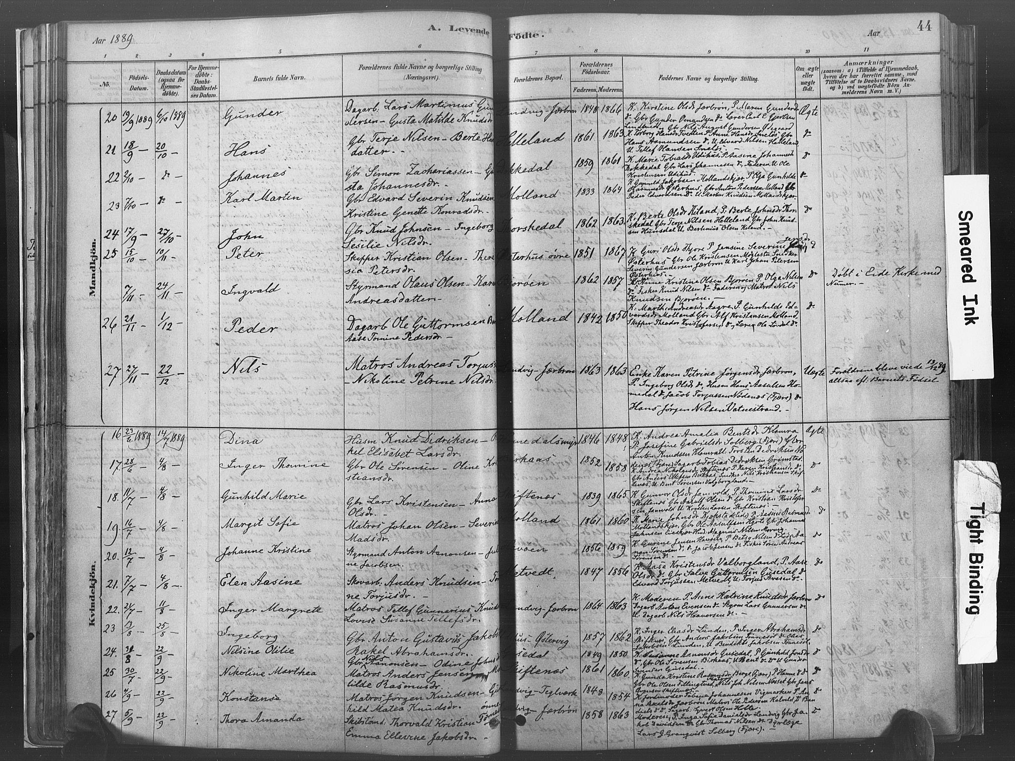 Hommedal sokneprestkontor, AV/SAK-1111-0023/F/Fa/Fab/L0006: Parish register (official) no. A 6, 1878-1897, p. 44