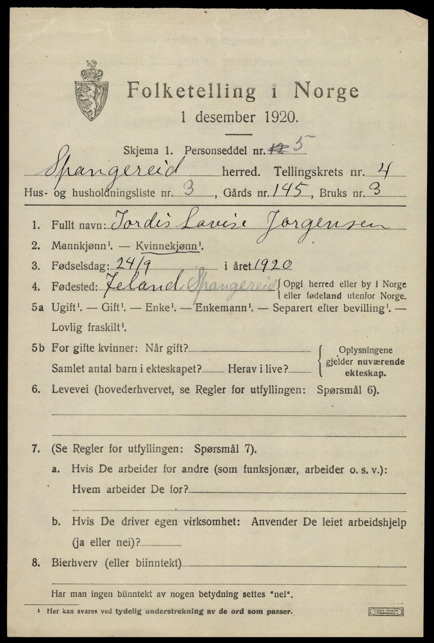 SAK, 1920 census for Spangereid, 1920, p. 1541