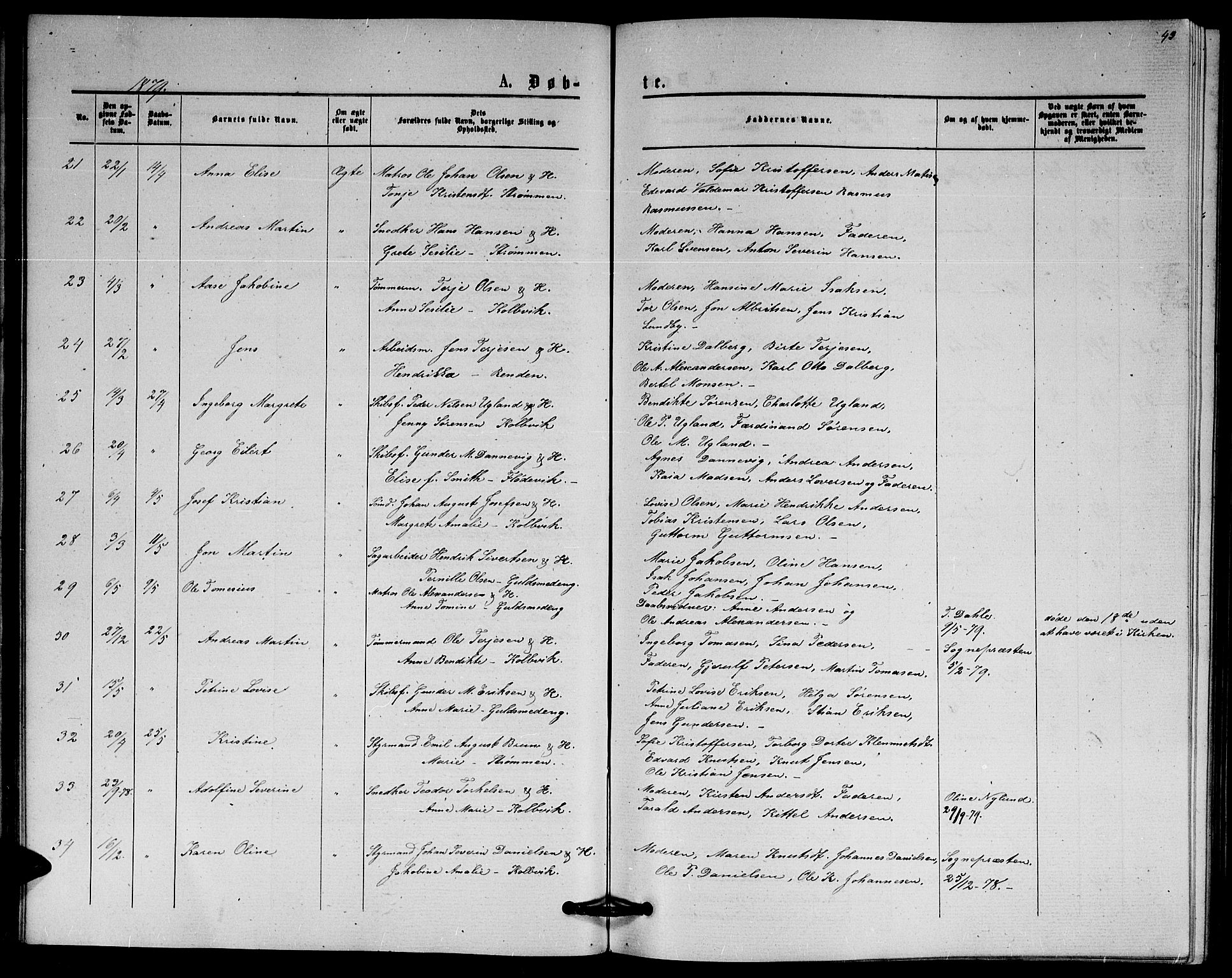 Hisøy sokneprestkontor, SAK/1111-0020/F/Fb/L0002: Parish register (copy) no. B 2, 1873-1885, p. 43