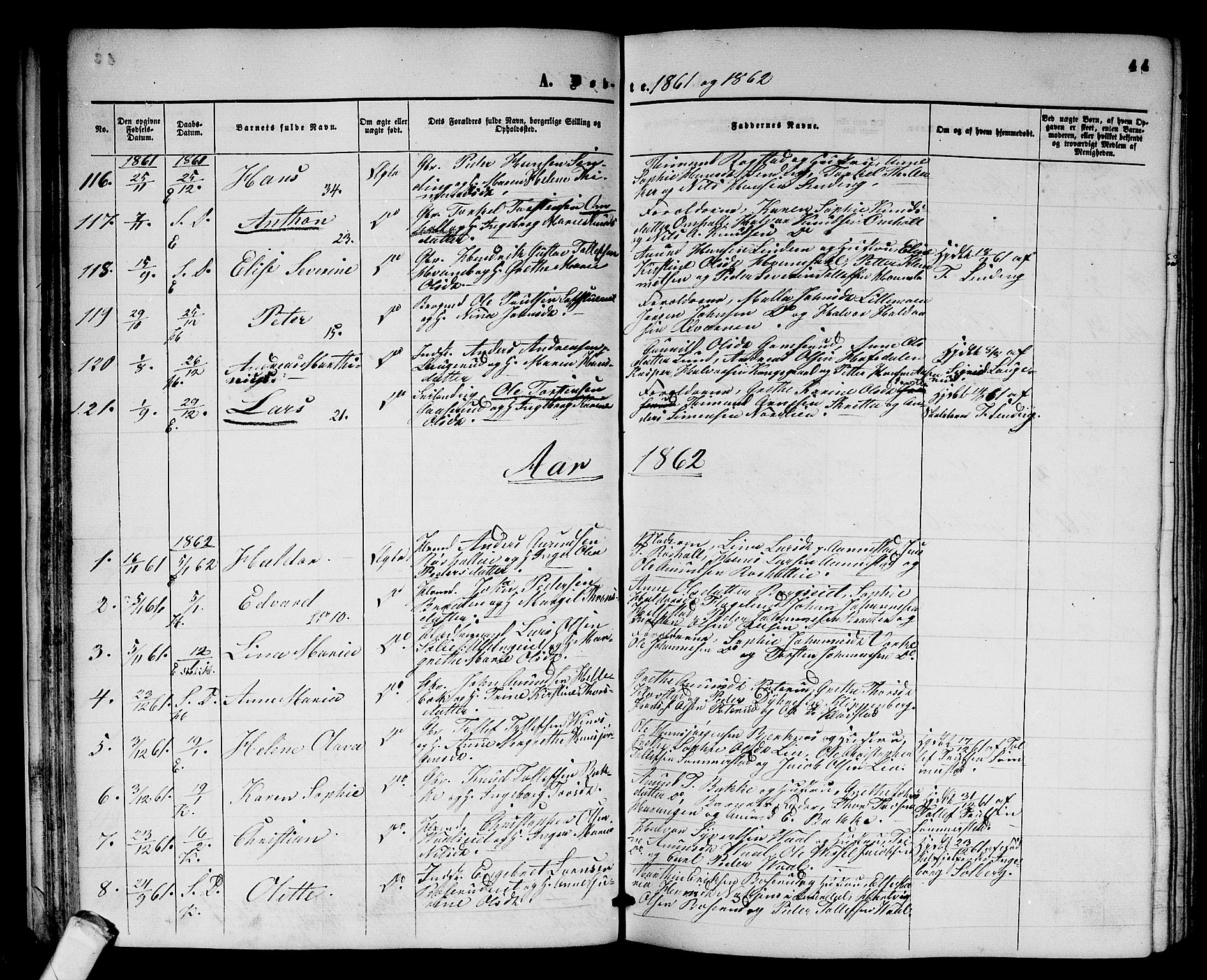 Sandsvær kirkebøker, SAKO/A-244/G/Ga/L0005: Parish register (copy) no. I 5, 1857-1873, p. 44