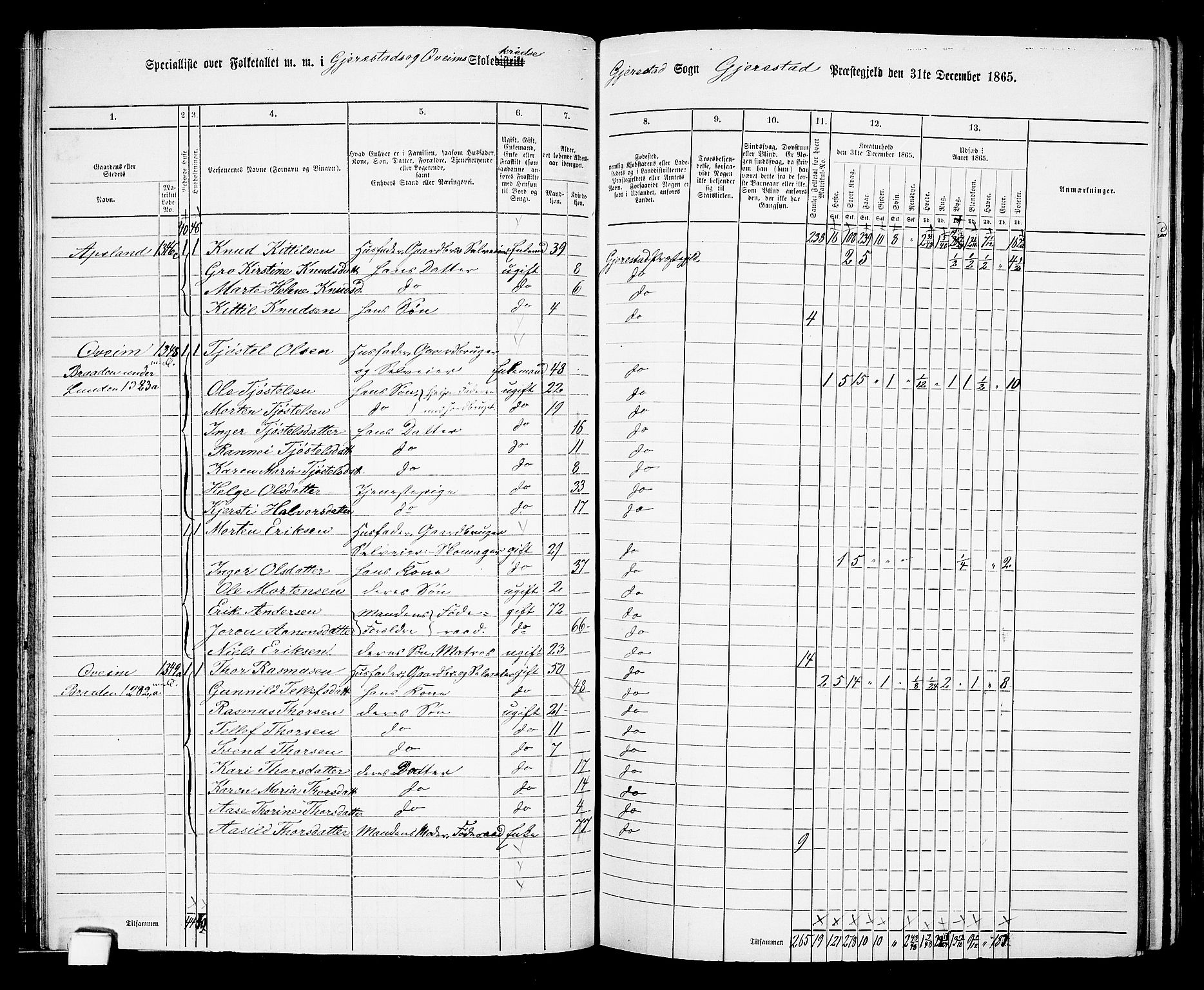 RA, 1865 census for Gjerstad, 1865, p. 58