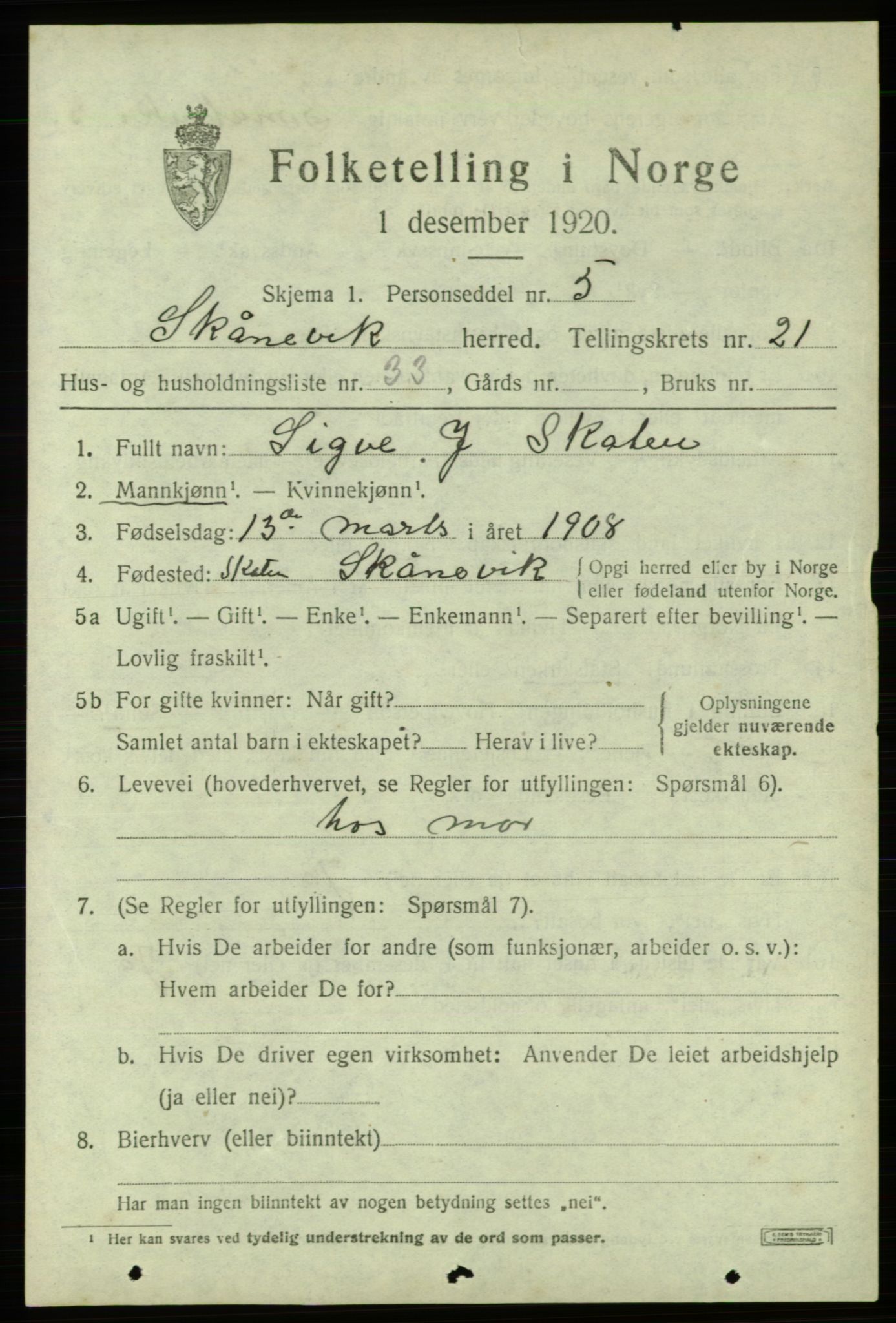 SAB, 1920 census for Skånevik, 1920, p. 8127