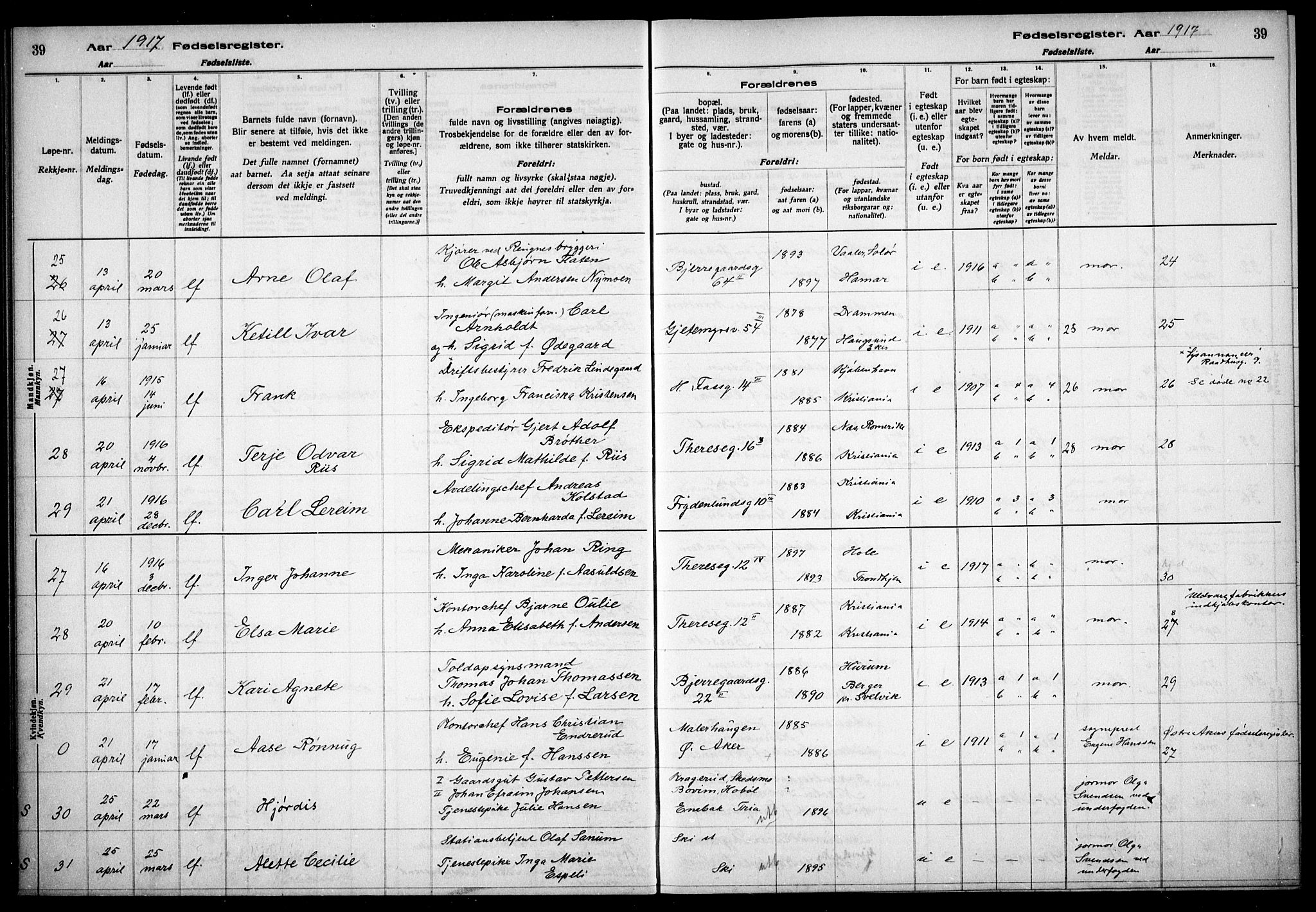 Gamle Aker prestekontor Kirkebøker, AV/SAO-A-10617a/J/L0001: Birth register no. 1, 1916-1927, p. 39