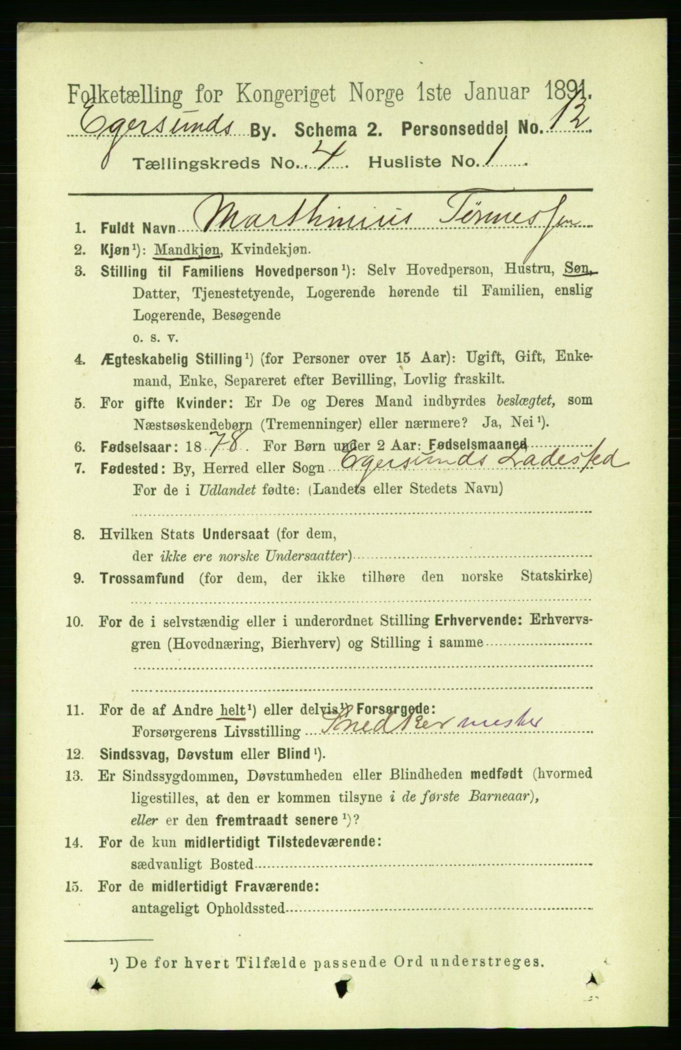 RA, 1891 census for 1101 Egersund, 1891, p. 611