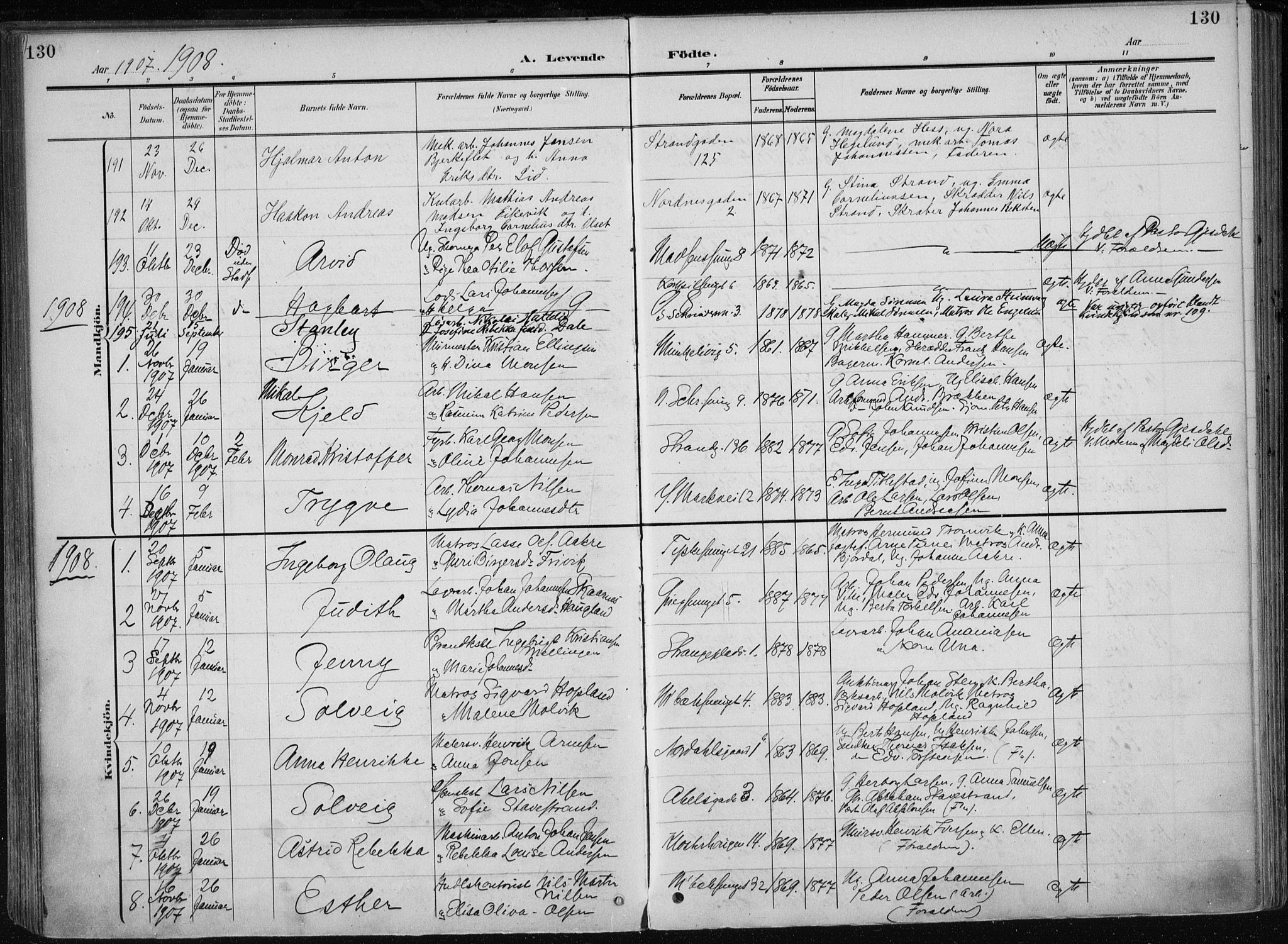 Nykirken Sokneprestembete, AV/SAB-A-77101/H/Haa/L0019: Parish register (official) no. B 7, 1904-1916, p. 130