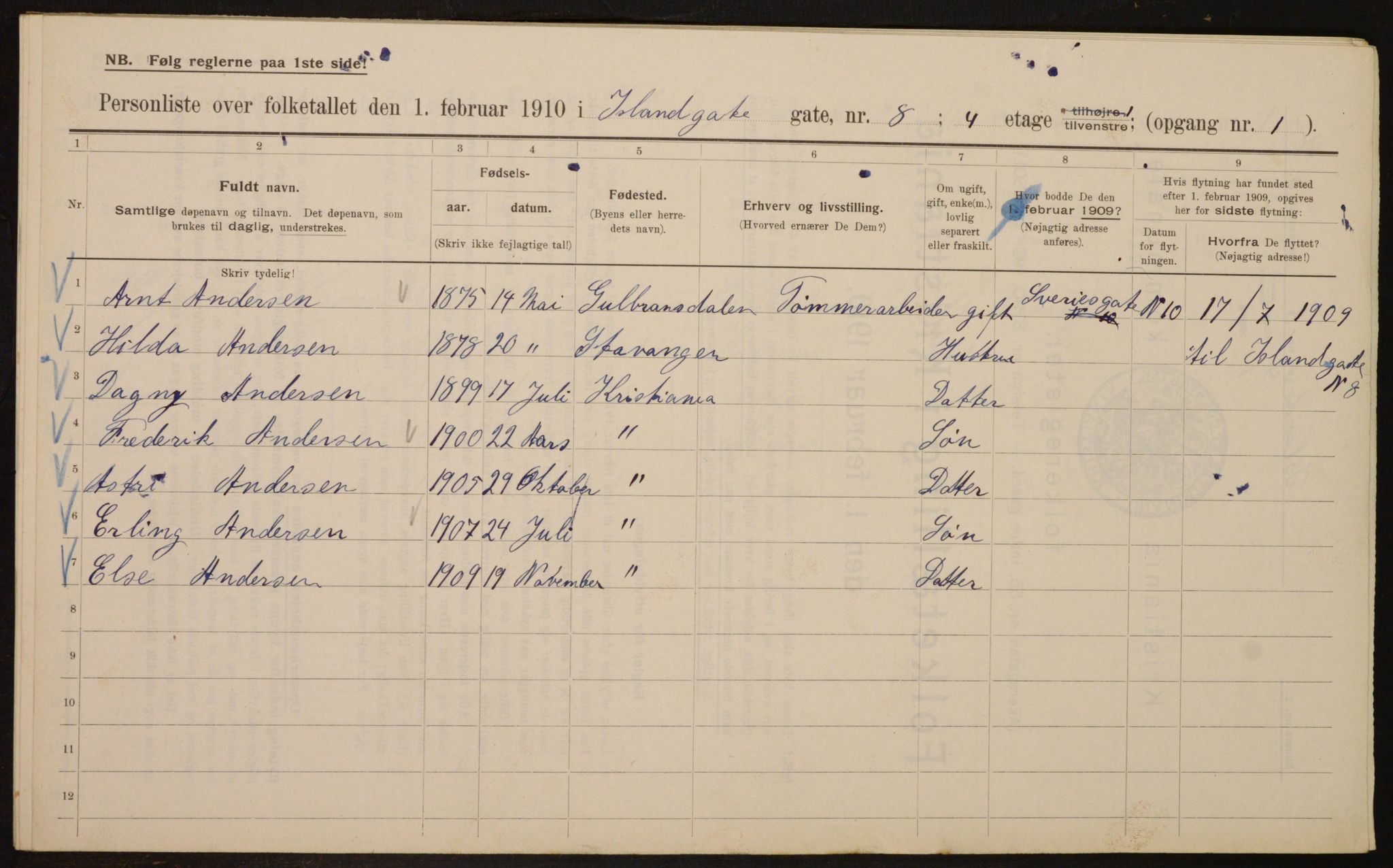 OBA, Municipal Census 1910 for Kristiania, 1910, p. 43478