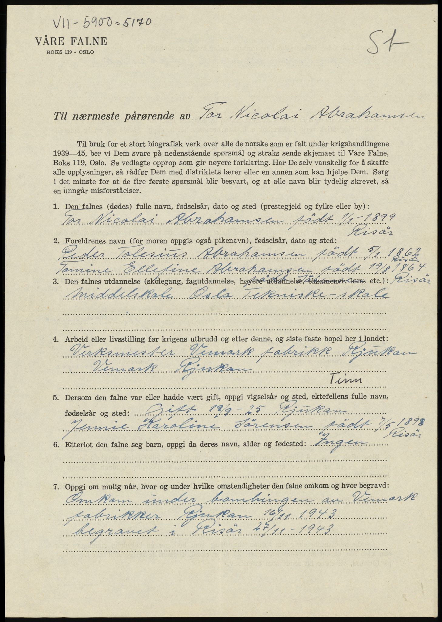 Sosialdepartementet, Våre Falne, RA/S-1708/E/Ee/L0025: Personmapper: Abelsen 01 - Amundsen, H. 65, 1945-1951, p. 357