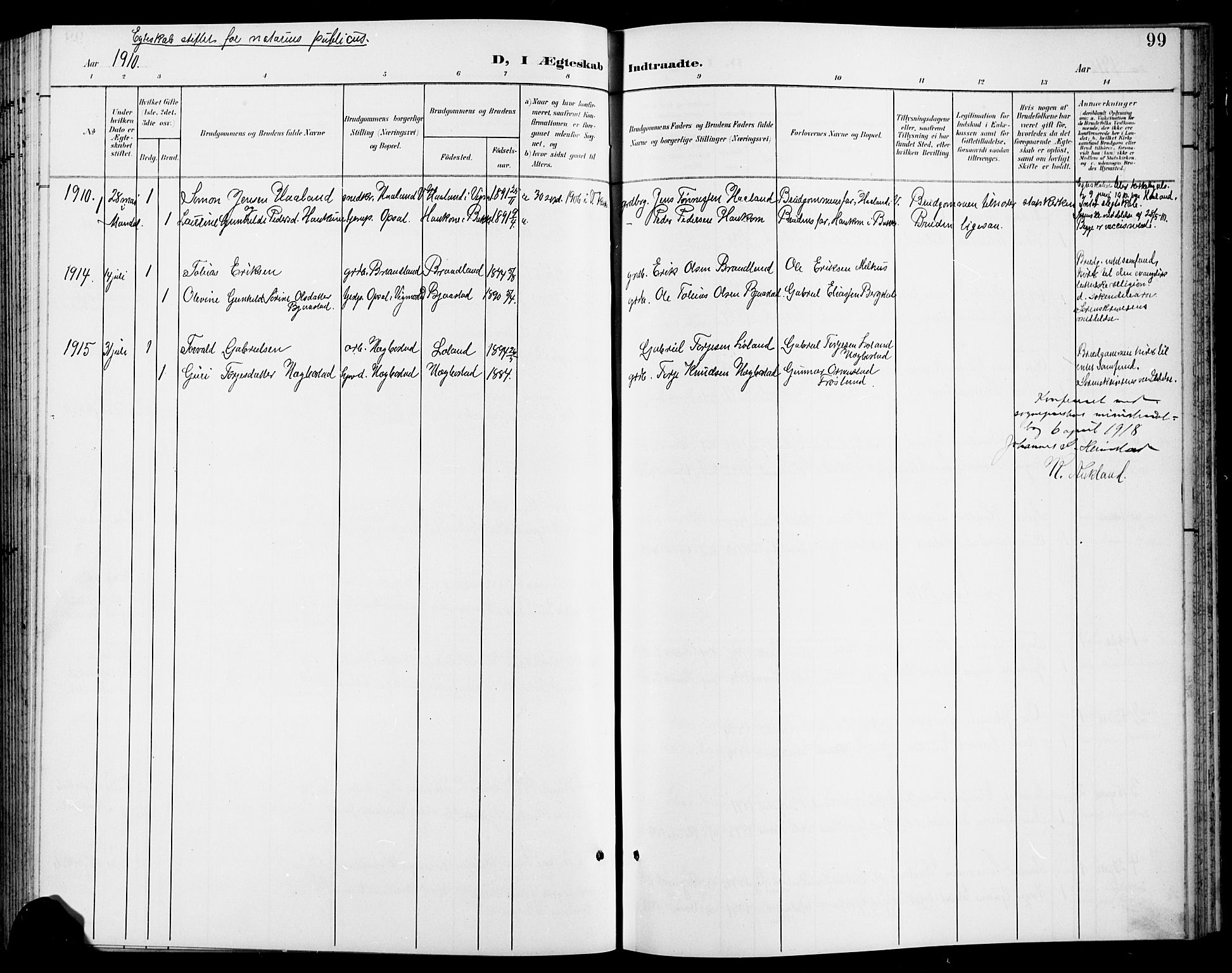 Nord-Audnedal sokneprestkontor, AV/SAK-1111-0032/F/Fb/Fbb/L0004: Parish register (copy) no. B 4, 1901-1917, p. 99