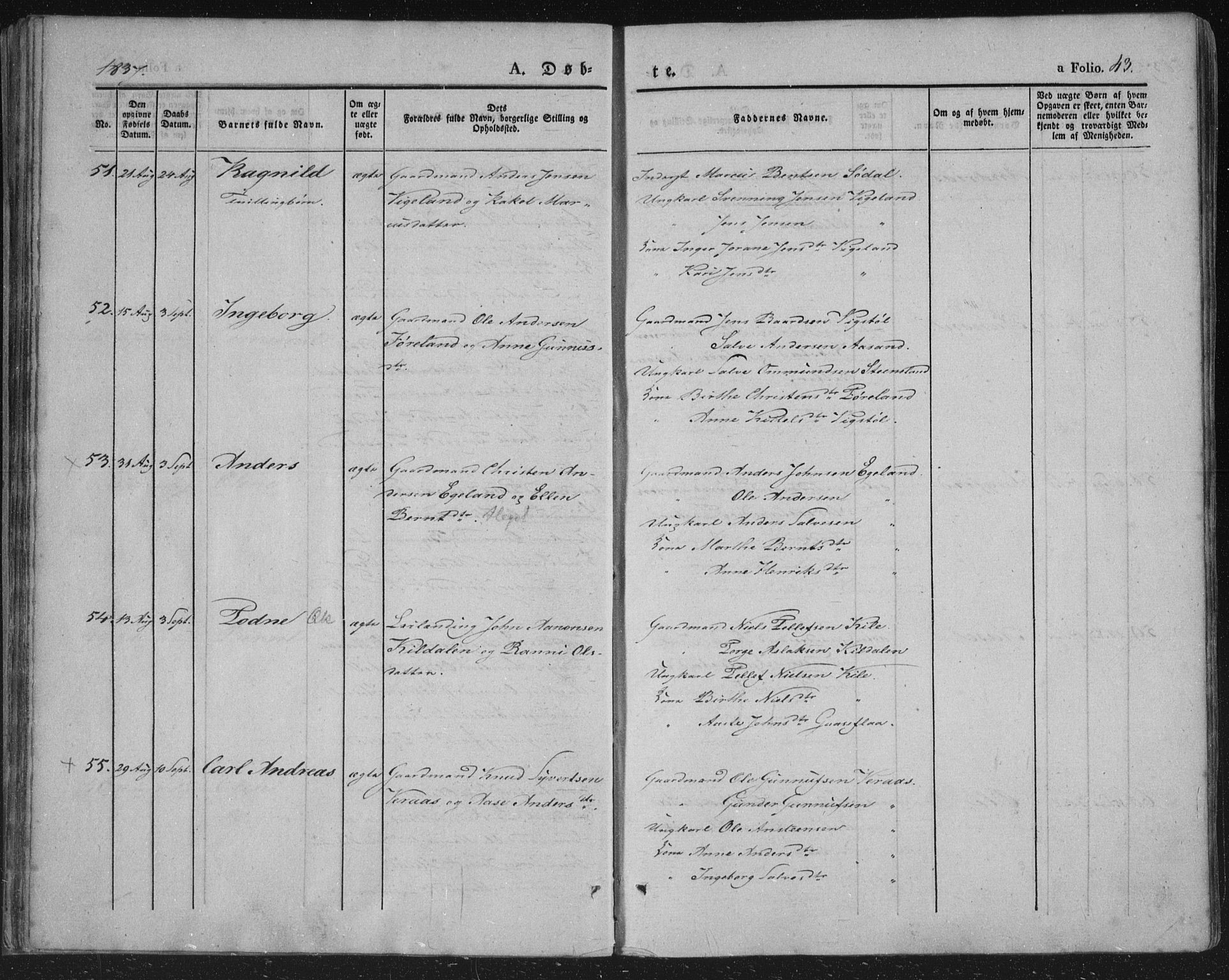 Vennesla sokneprestkontor, AV/SAK-1111-0045/Fa/Fac/L0004: Parish register (official) no. A 4, 1834-1855, p. 43