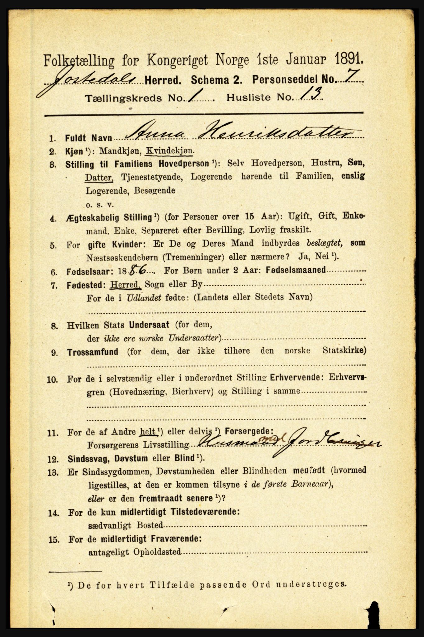 RA, 1891 census for 1427 Jostedal, 1891, p. 161