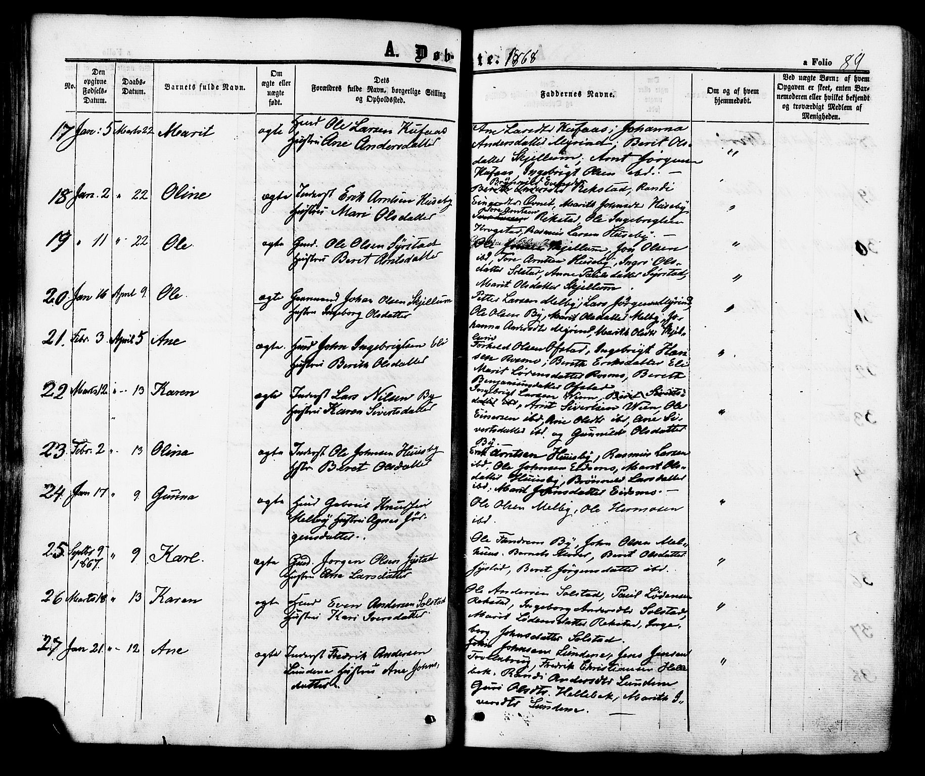 Ministerialprotokoller, klokkerbøker og fødselsregistre - Sør-Trøndelag, SAT/A-1456/665/L0772: Parish register (official) no. 665A07, 1856-1878, p. 89