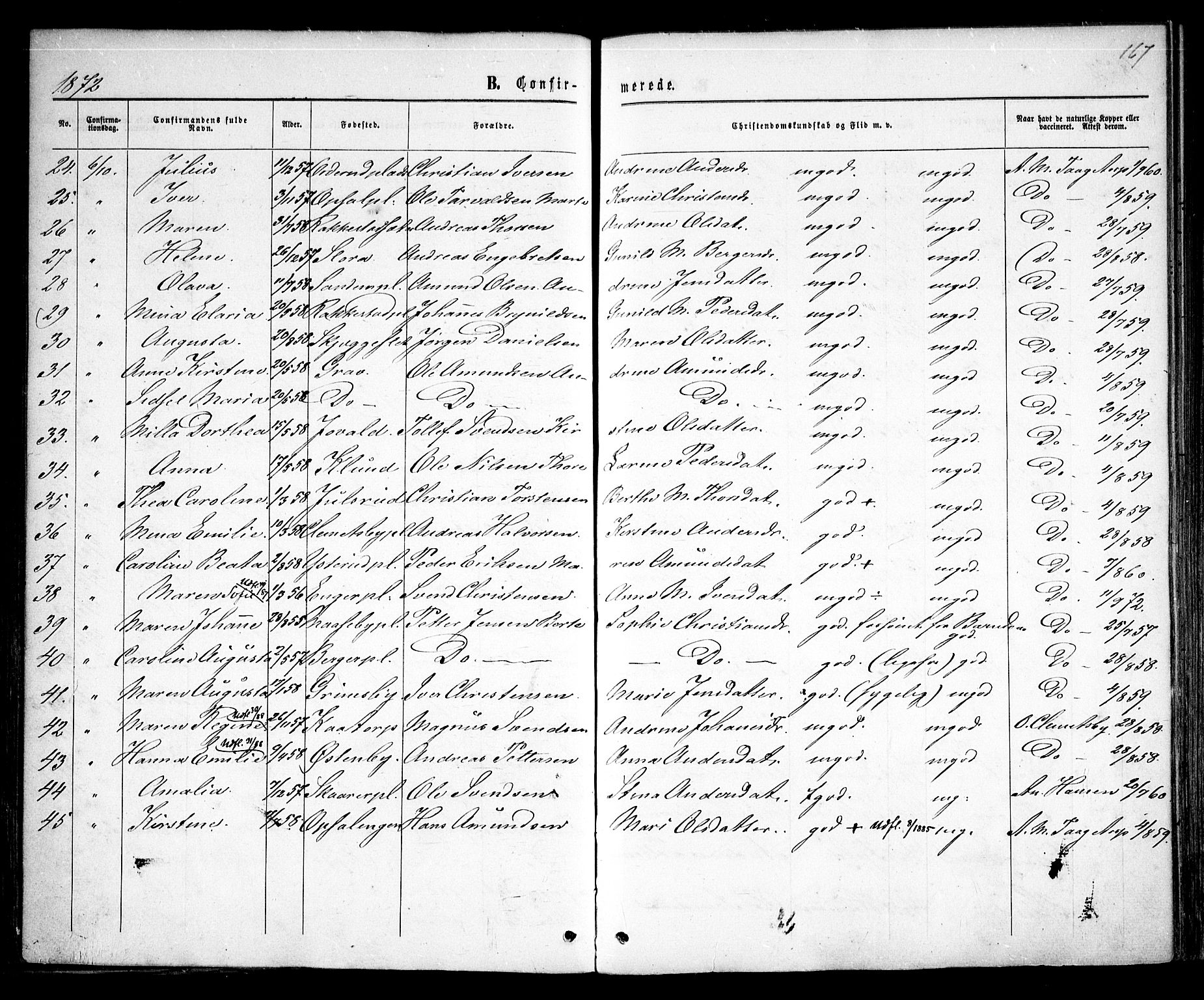 Rødenes prestekontor Kirkebøker, AV/SAO-A-2005/F/Fa/L0008: Parish register (official) no. I 8, 1869-1879, p. 167