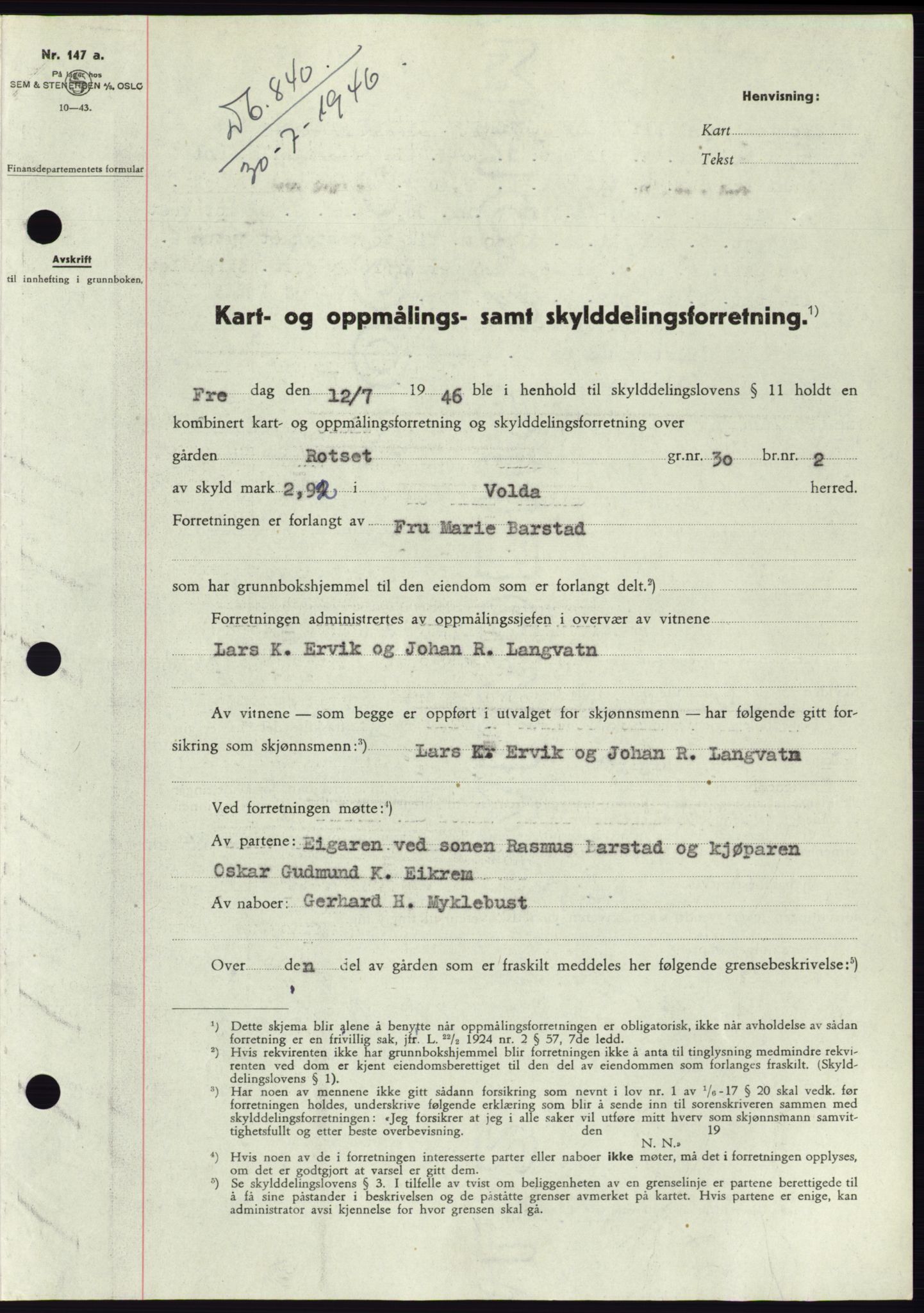 Søre Sunnmøre sorenskriveri, AV/SAT-A-4122/1/2/2C/L0078: Mortgage book no. 4A, 1946-1946, Diary no: : 840/1946