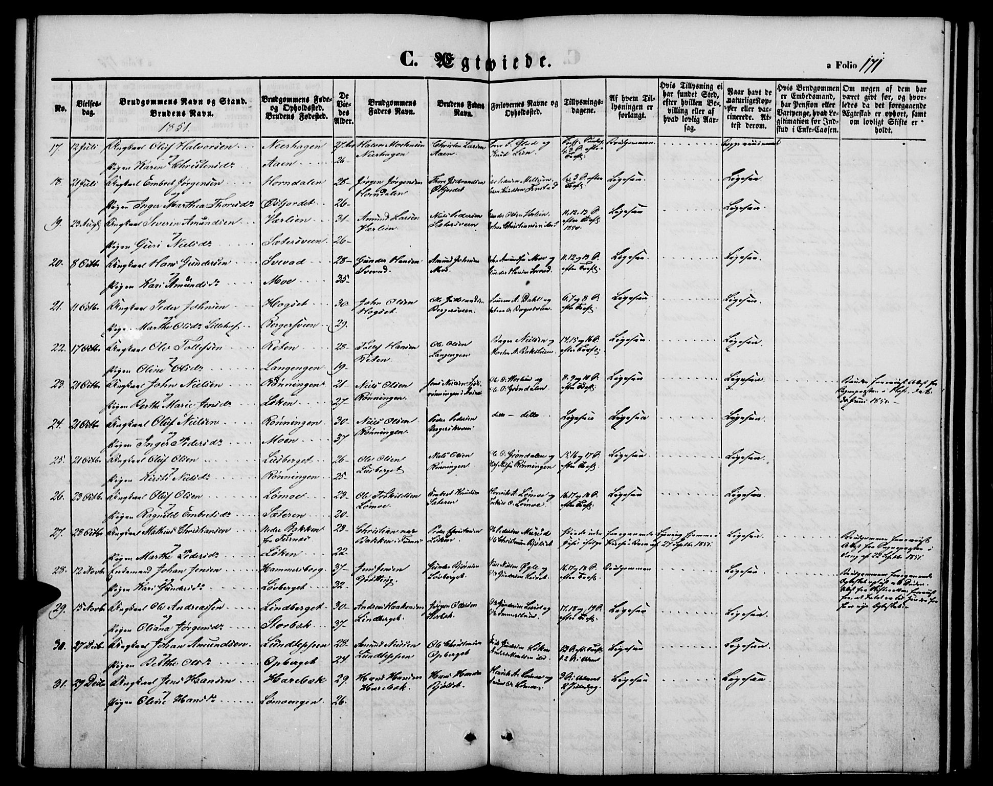 Elverum prestekontor, AV/SAH-PREST-044/H/Ha/Hab/L0002: Parish register (copy) no. 2, 1845-1855, p. 171