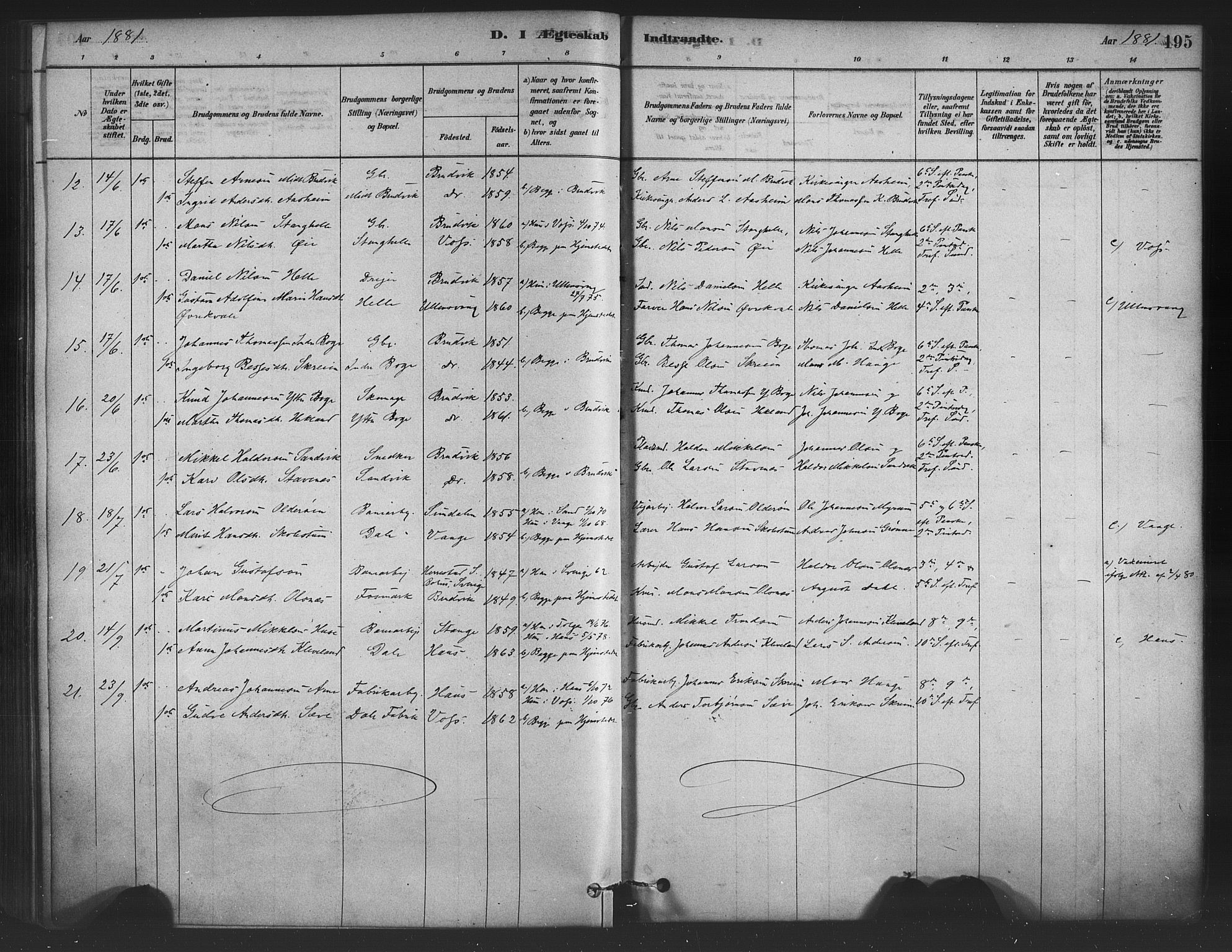 Bruvik Sokneprestembete, AV/SAB-A-74701/H/Haa: Parish register (official) no. B 1, 1878-1904, p. 195