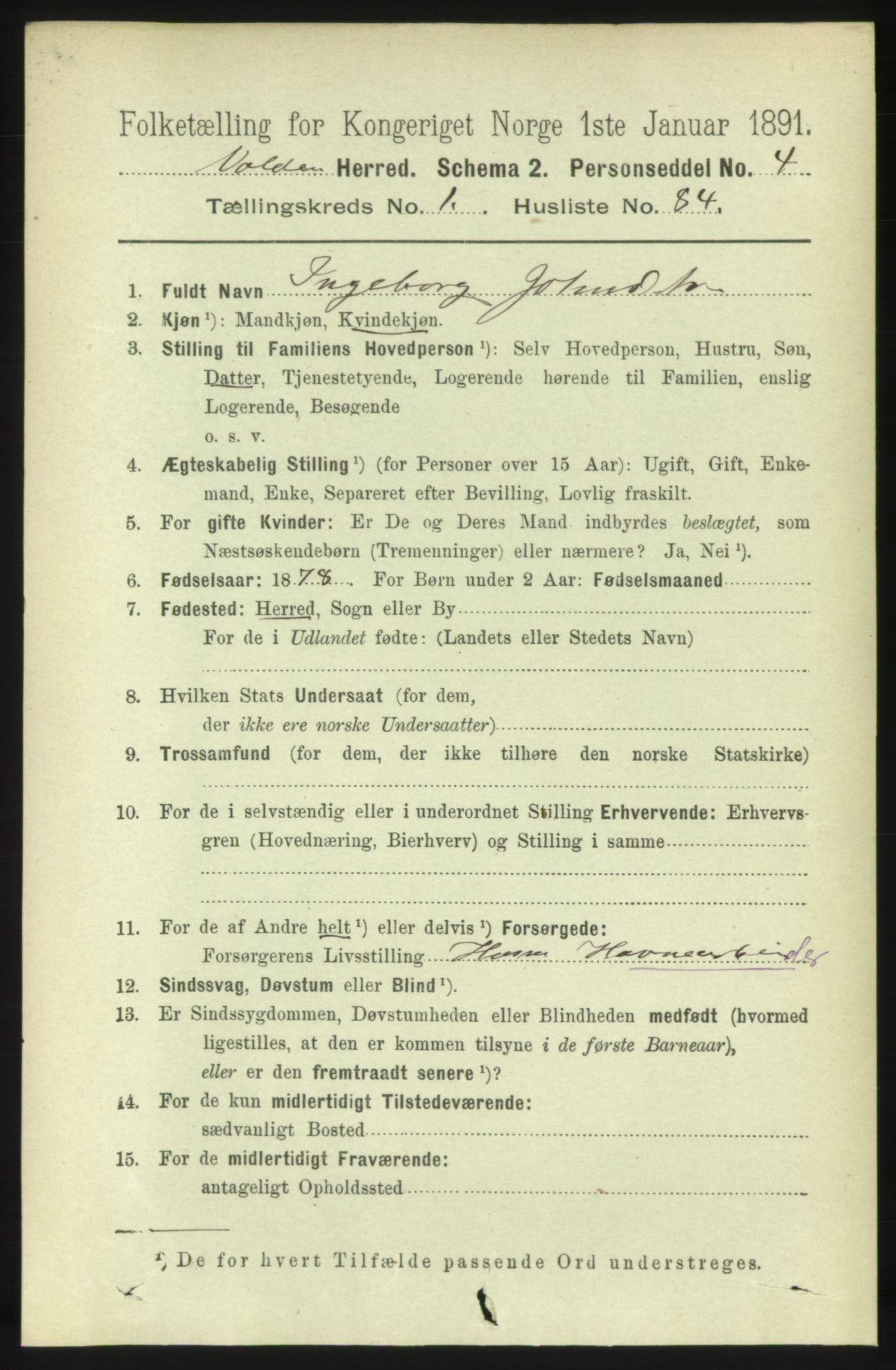 RA, 1891 census for 1519 Volda, 1891, p. 597