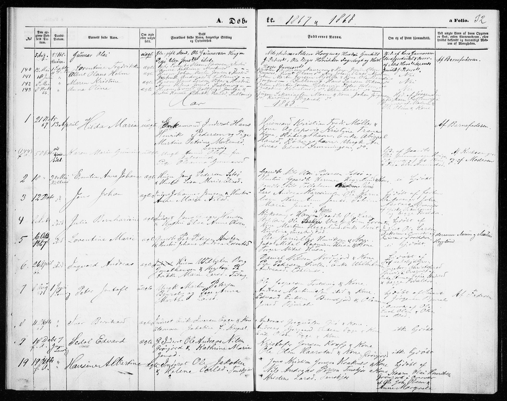 Lenvik sokneprestembete, AV/SATØ-S-1310/H/Ha/Haa/L0009kirke: Parish register (official) no. 9, 1866-1873, p. 32
