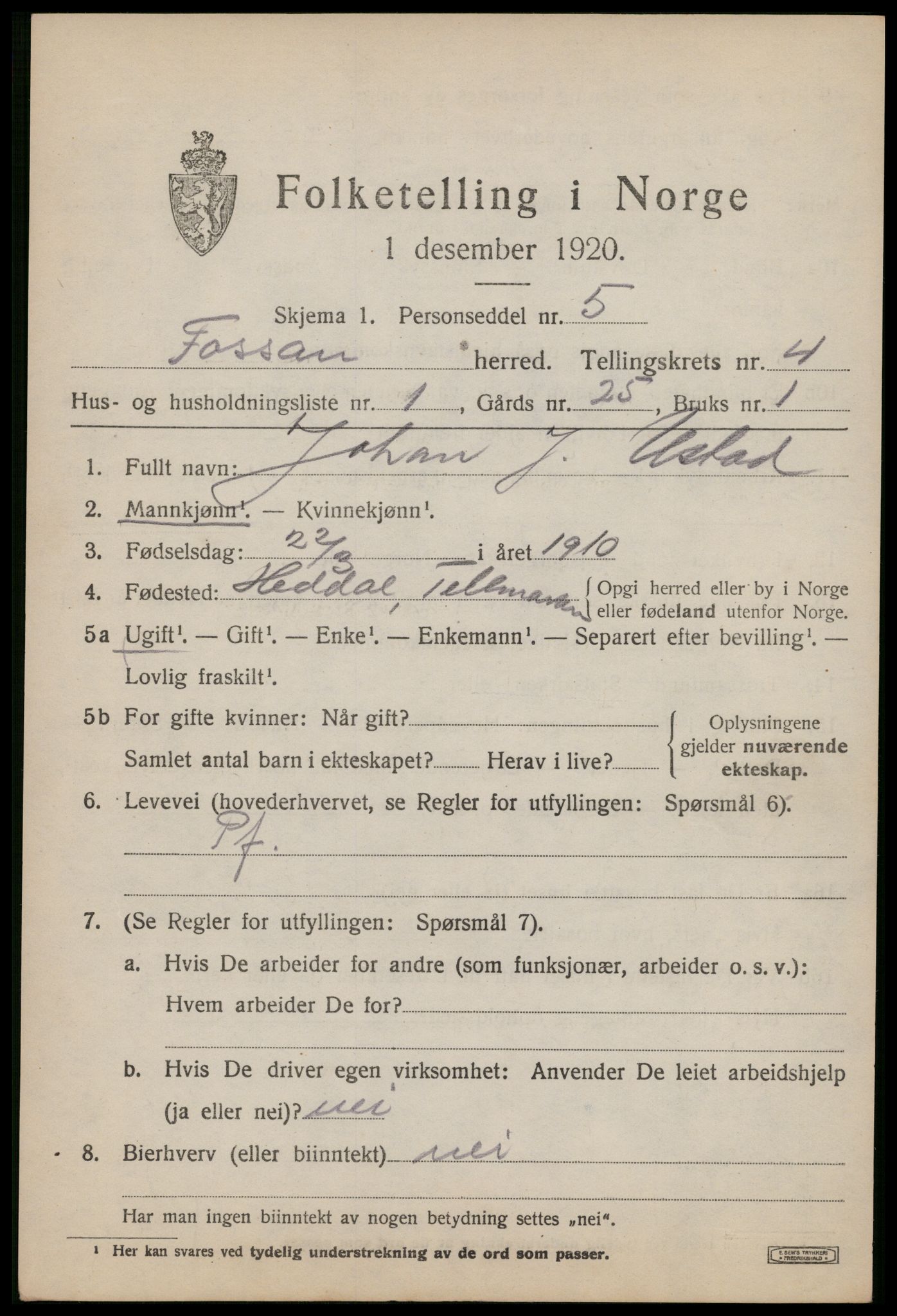 SAST, 1920 census for Forsand, 1920, p. 1625