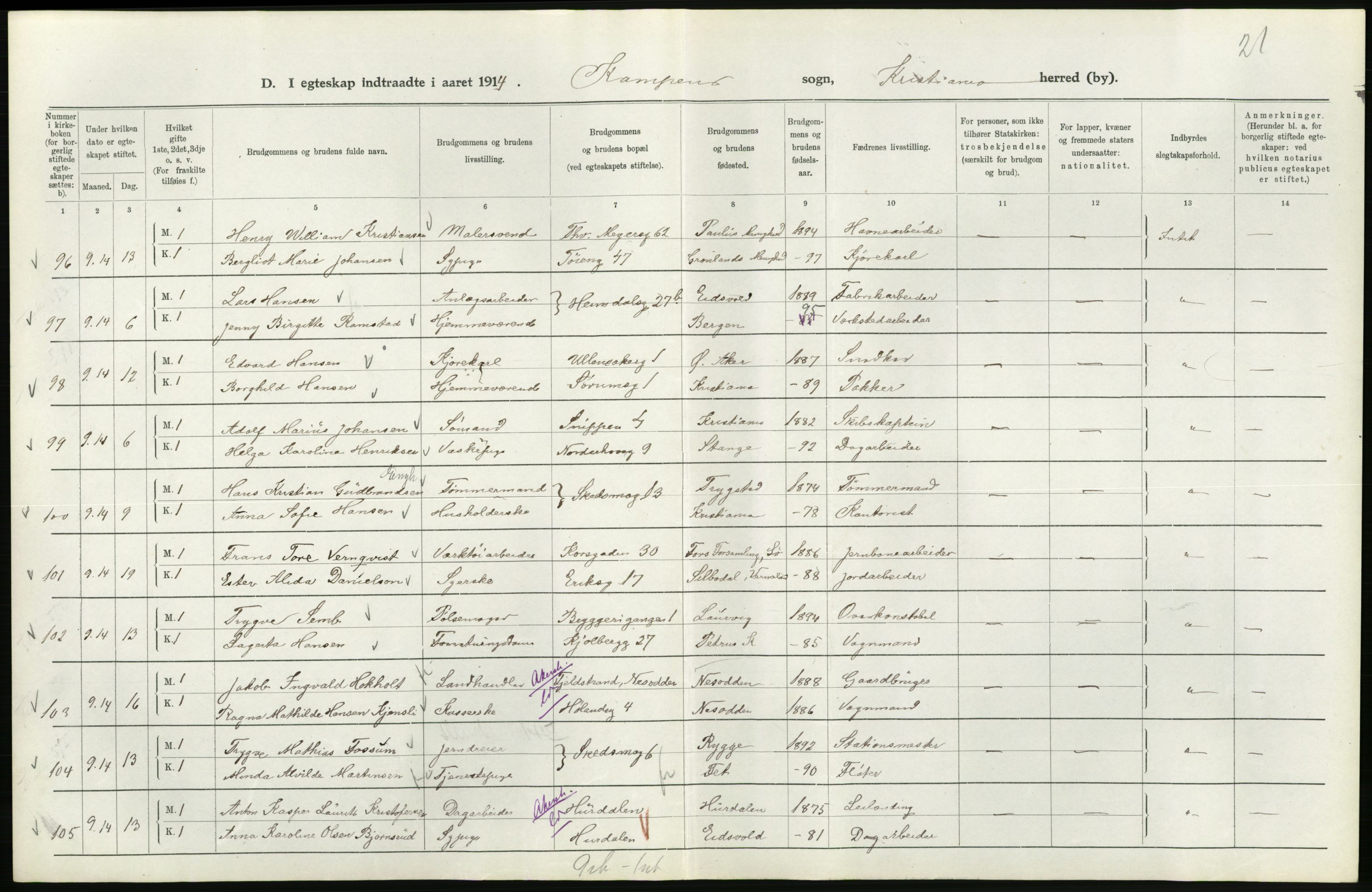 Statistisk sentralbyrå, Sosiodemografiske emner, Befolkning, AV/RA-S-2228/D/Df/Dfb/Dfbd/L0007: Kristiania: Gifte, 1914, p. 278